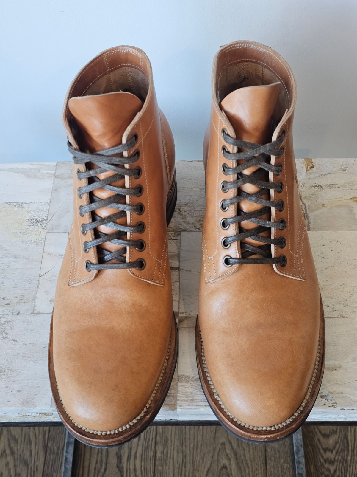 Photo by cgbaird2 on December 5, 2025 of the Viberg Service Boot in Maryam Natural Horsebutt.