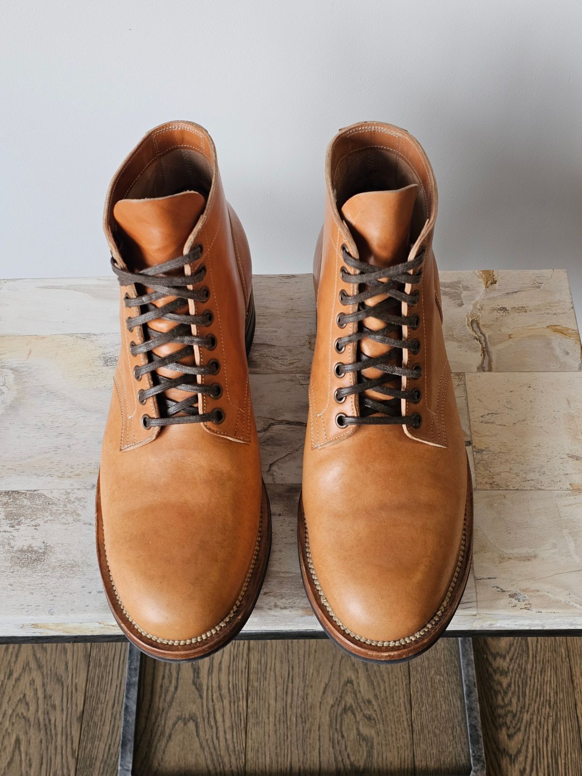 Photo by cgbaird2 on January 5, 2026 of the Viberg Service Boot in Maryam Natural Horsebutt.