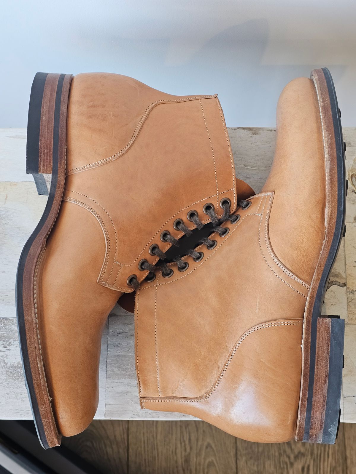 Photo by cgbaird2 on February 5, 2026 of the Viberg Service Boot in Maryam Natural Horsebutt.