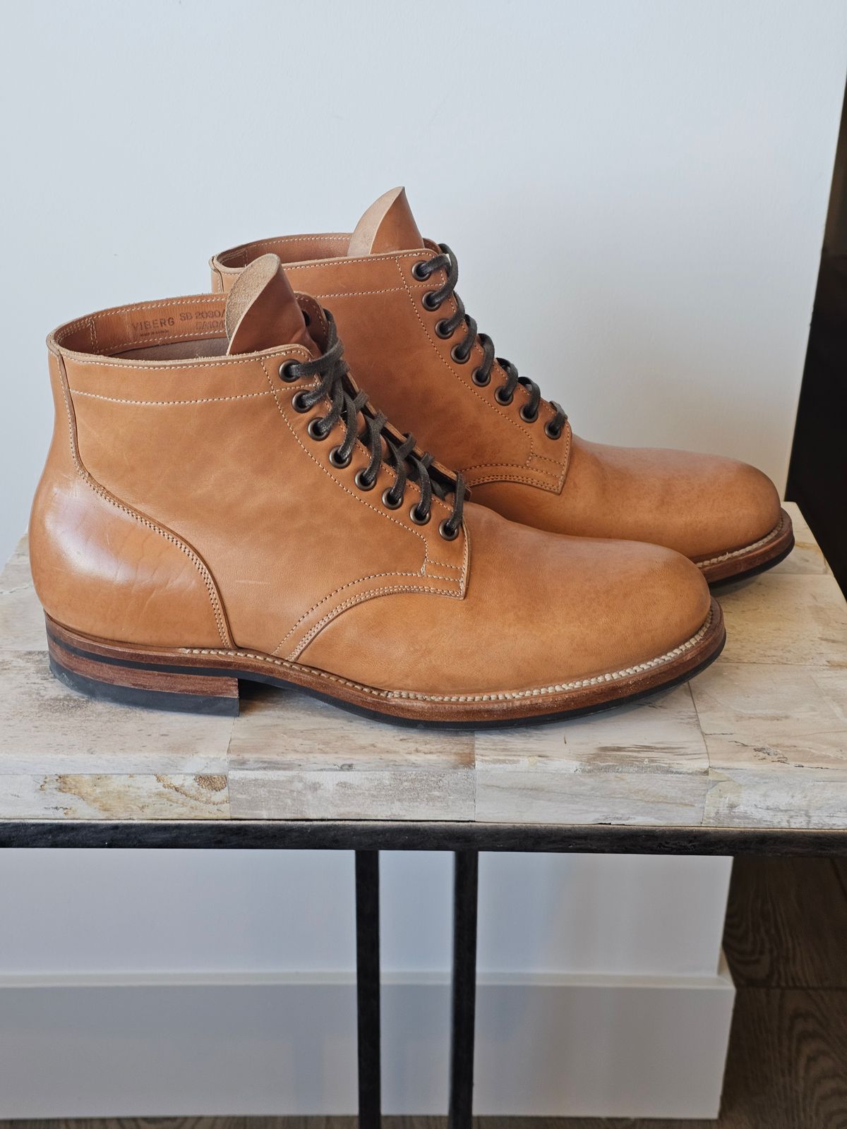 Photo by cgbaird2 on February 5, 2026 of the Viberg Service Boot in Maryam Natural Horsebutt.