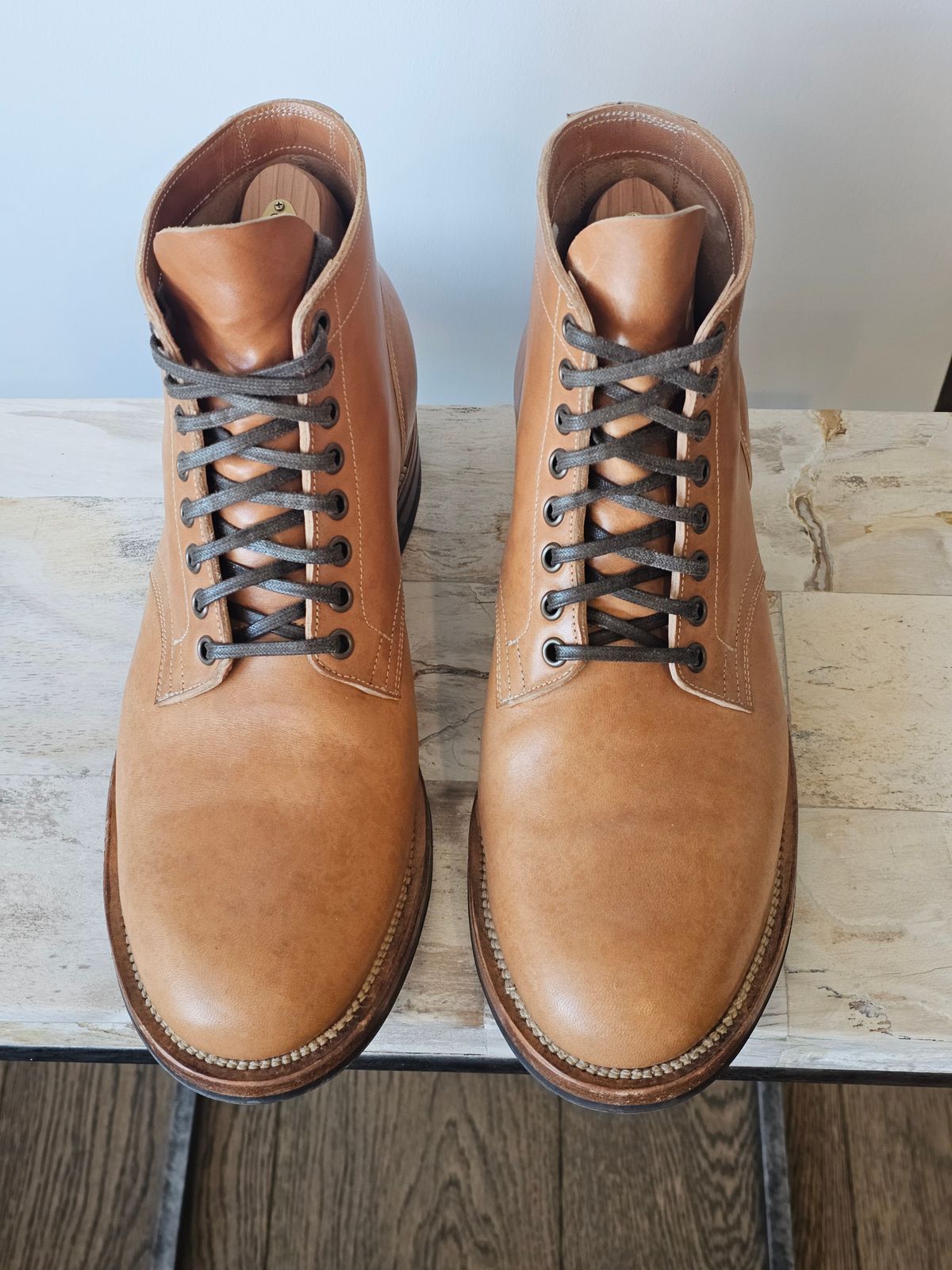 Photo by cgbaird2 on February 5, 2026 of the Viberg Service Boot in Maryam Natural Horsebutt.