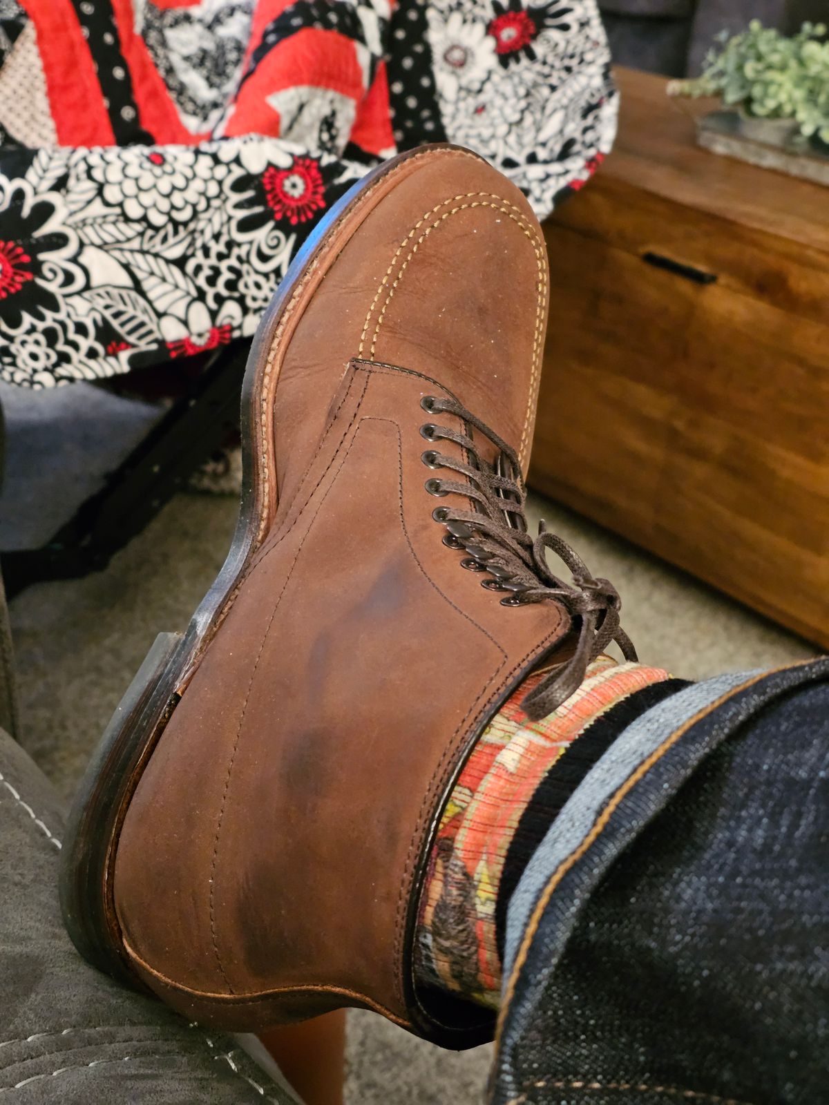 Photo by cgbaird2 on January 1, 2024 of the Alden Indy Boot in Horween Tobacco Smooth Chamois.