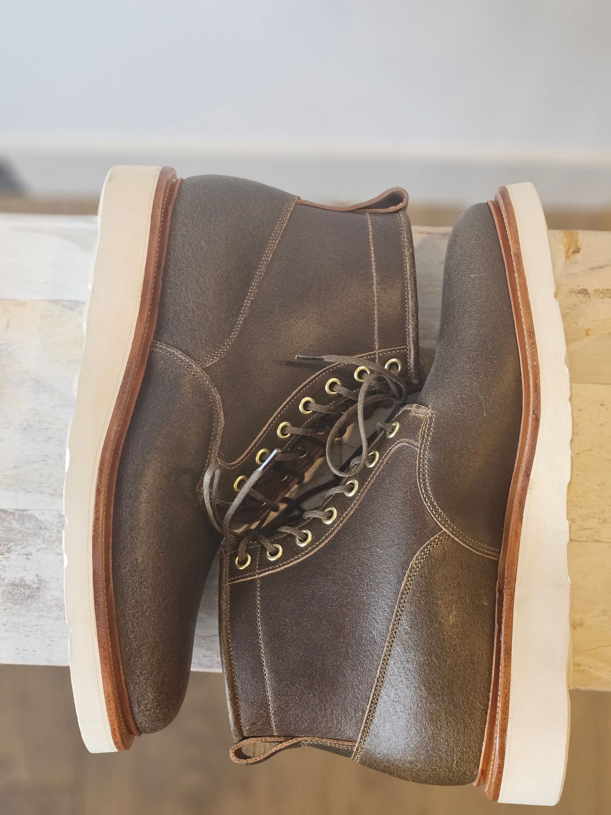 Photo by cgbaird2 on October 2, 2025 of the Viberg Scout Boot in Horween Olive Waxed Flesh.