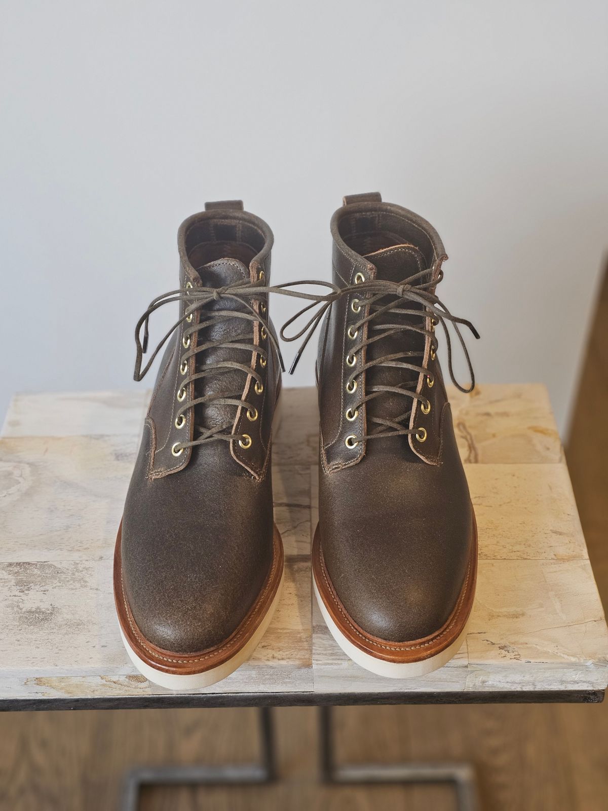 Photo by cgbaird2 on October 2, 2025 of the Viberg Scout Boot in Horween Olive Waxed Flesh.