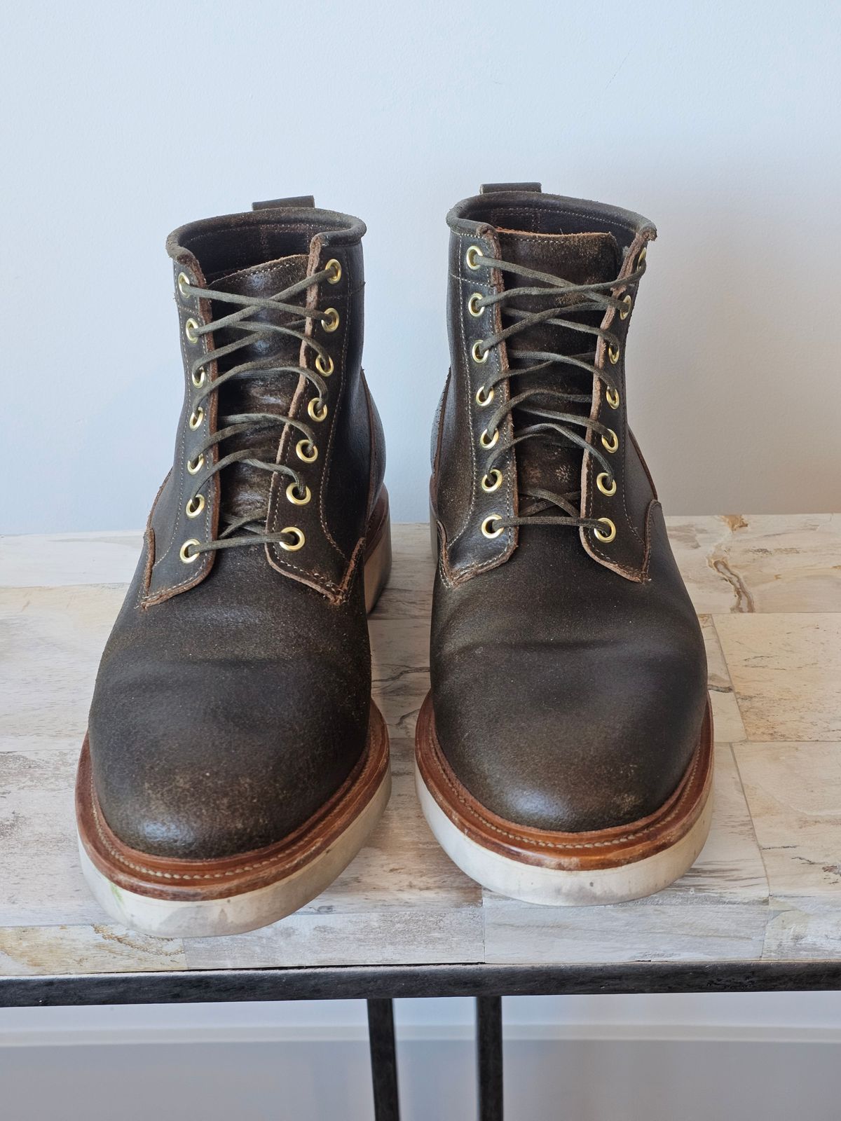 Photo by cgbaird2 on December 5, 2025 of the Viberg Scout Boot in Horween Olive Waxed Flesh.