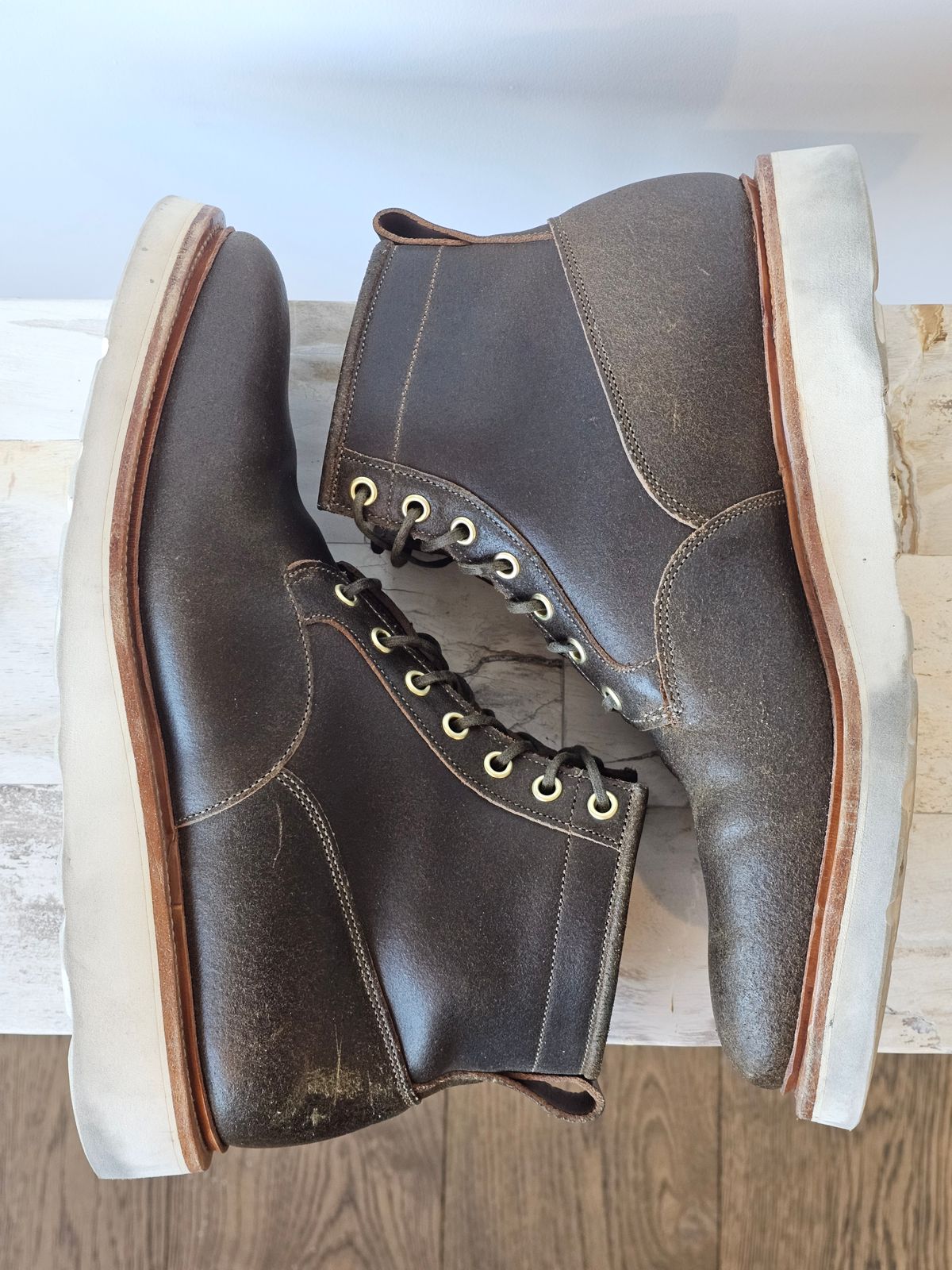 Photo by cgbaird2 on December 5, 2025 of the Viberg Scout Boot in Horween Olive Waxed Flesh.