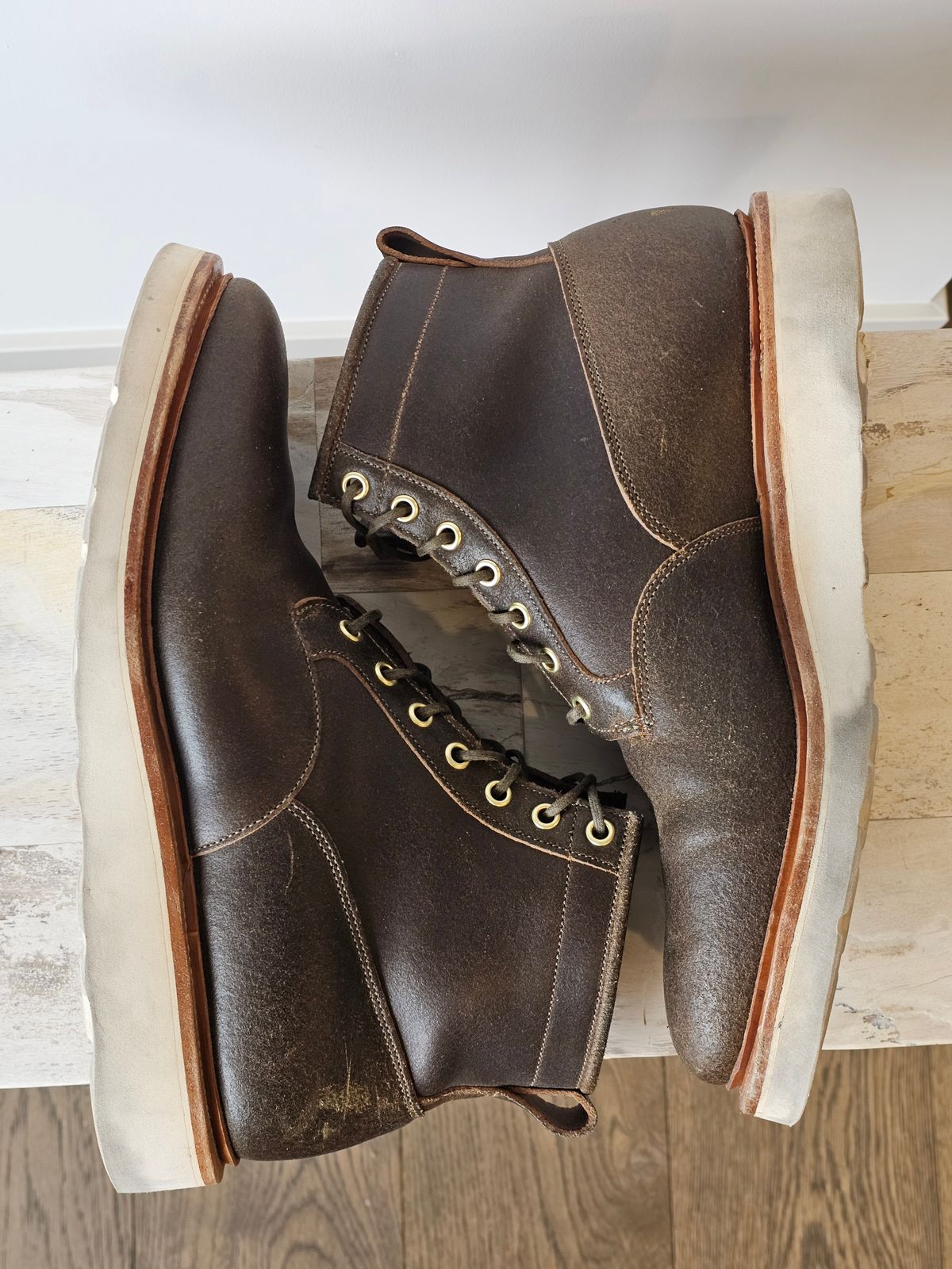 Photo by cgbaird2 on January 5, 2026 of the Viberg Scout Boot in Horween Olive Waxed Flesh.