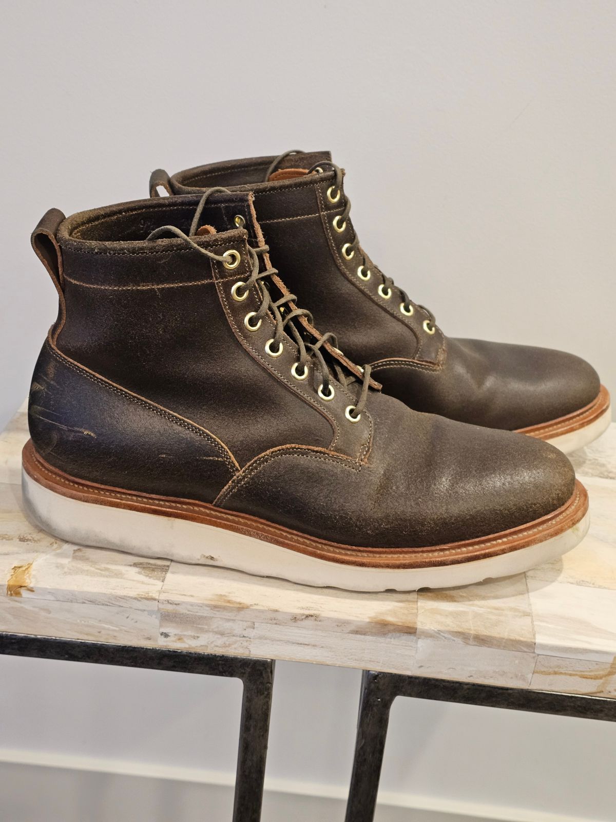 Photo by cgbaird2 on April 3, 2026 of the Viberg Scout Boot in Horween Olive Waxed Flesh.
