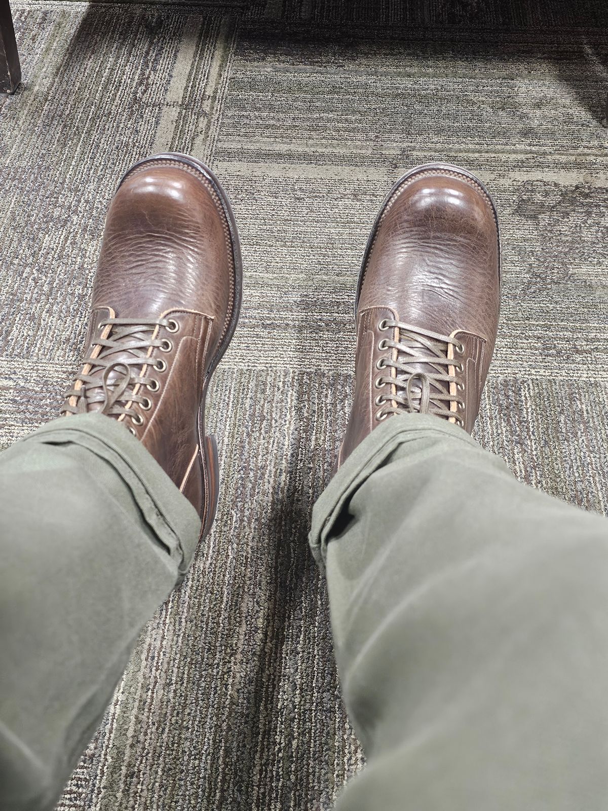 Photo by cgbaird2 on August 13, 2024 of the Viberg Service Boot in C.F. Stead Husk Oiled Culatta.