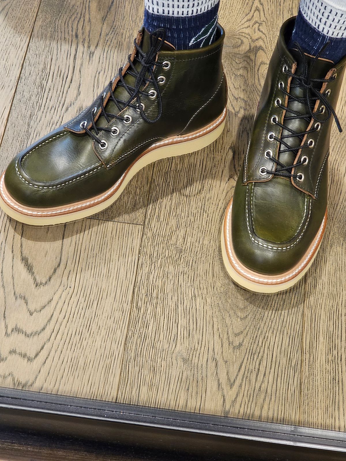 Photo by cgbaird2 on October 10, 2023 of the Jamvaida Japanese Moc Toe in Horween Olive Chromexcel.
