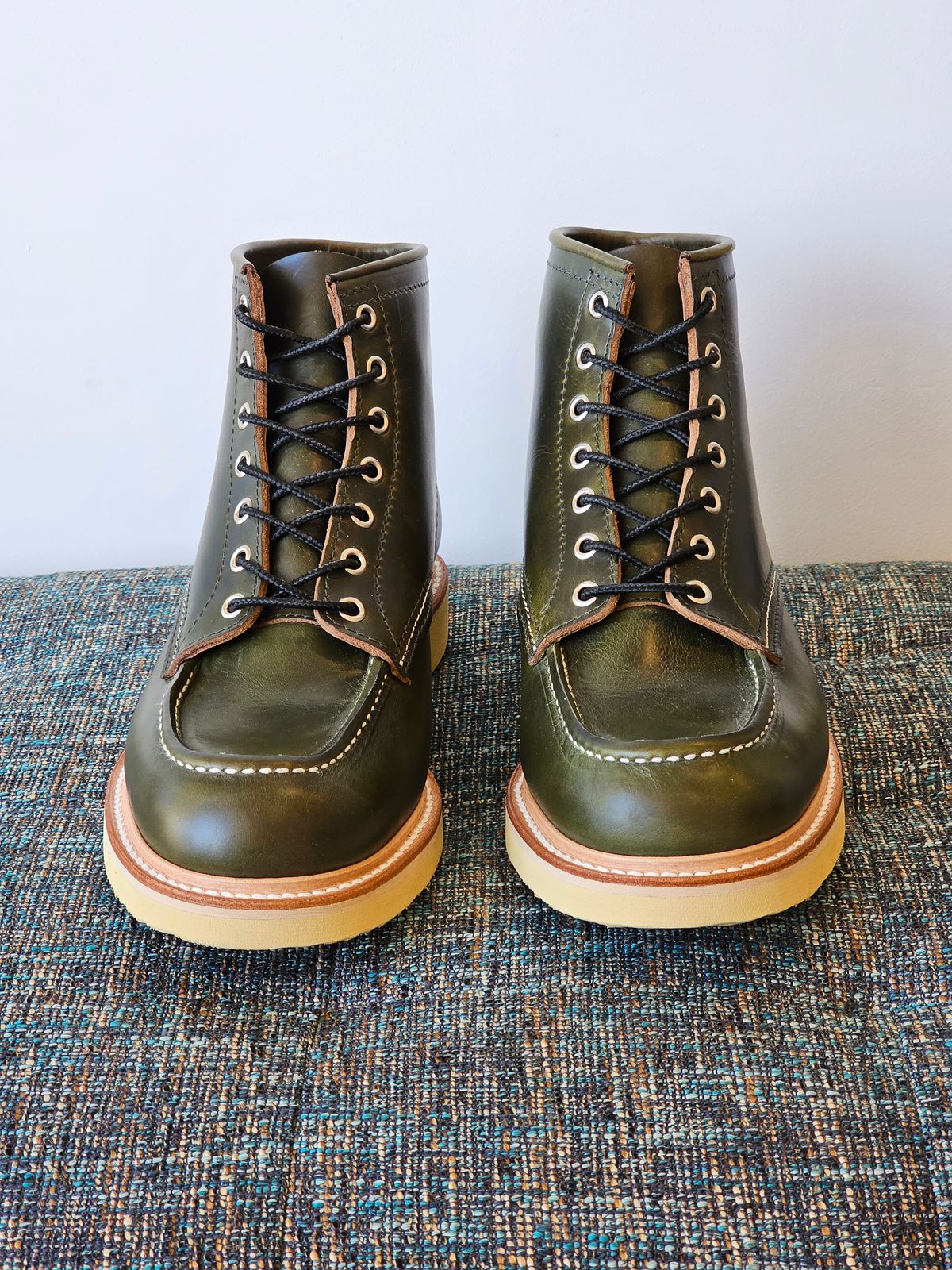 Photo by cgbaird2 on October 10, 2023 of the Jamvaida Japanese Moc Toe in Horween Olive Chromexcel.
