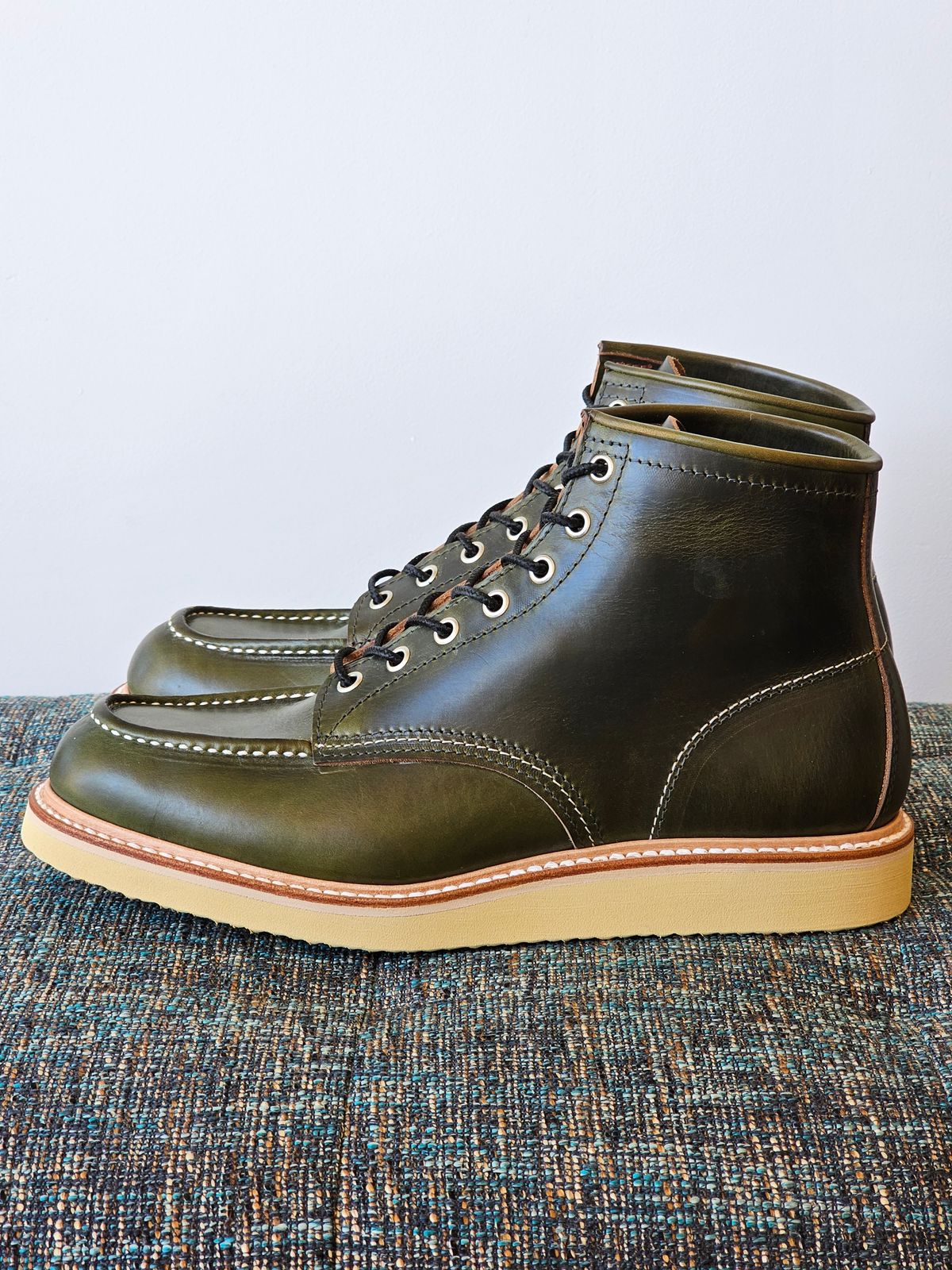 Photo by cgbaird2 on October 10, 2023 of the Jamvaida Japanese Moc Toe in Horween Olive Chromexcel.