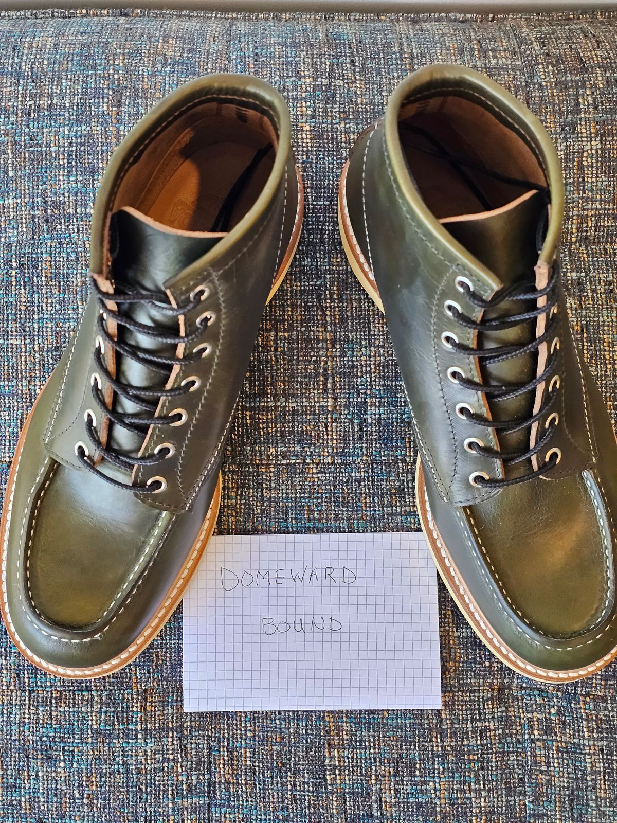 Photo by cgbaird2 on October 10, 2023 of the Jamvaida Japanese Moc Toe in Horween Olive Chromexcel.