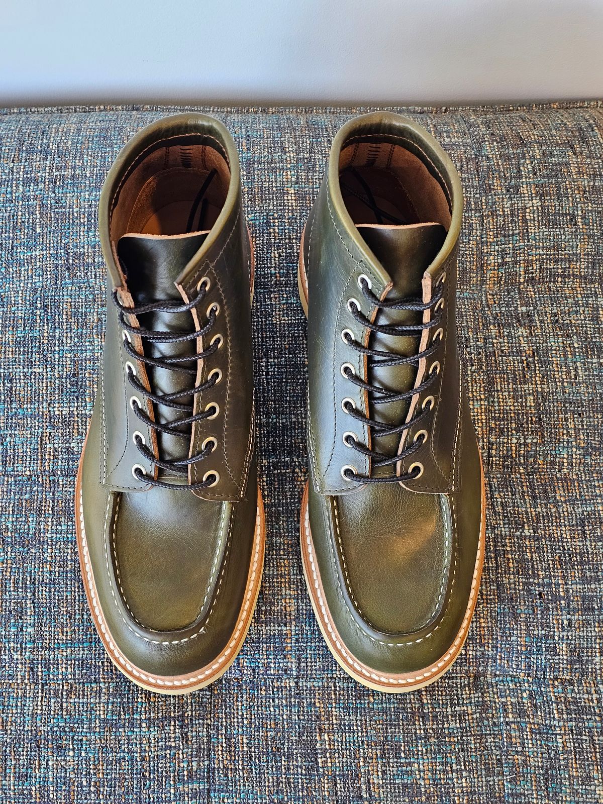 Photo by cgbaird2 on October 10, 2023 of the Jamvaida Japanese Moc Toe in Horween Olive Chromexcel.