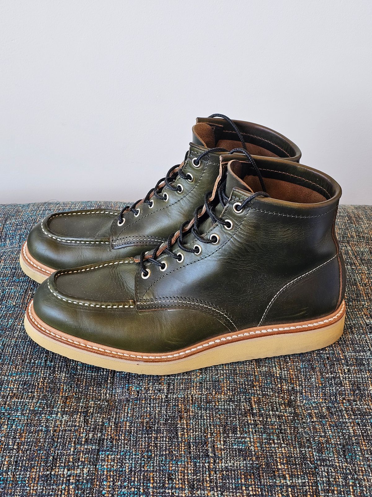 Photo by cgbaird2 on November 1, 2023 of the Jamvaida Japanese Moc Toe in Horween Olive Chromexcel.