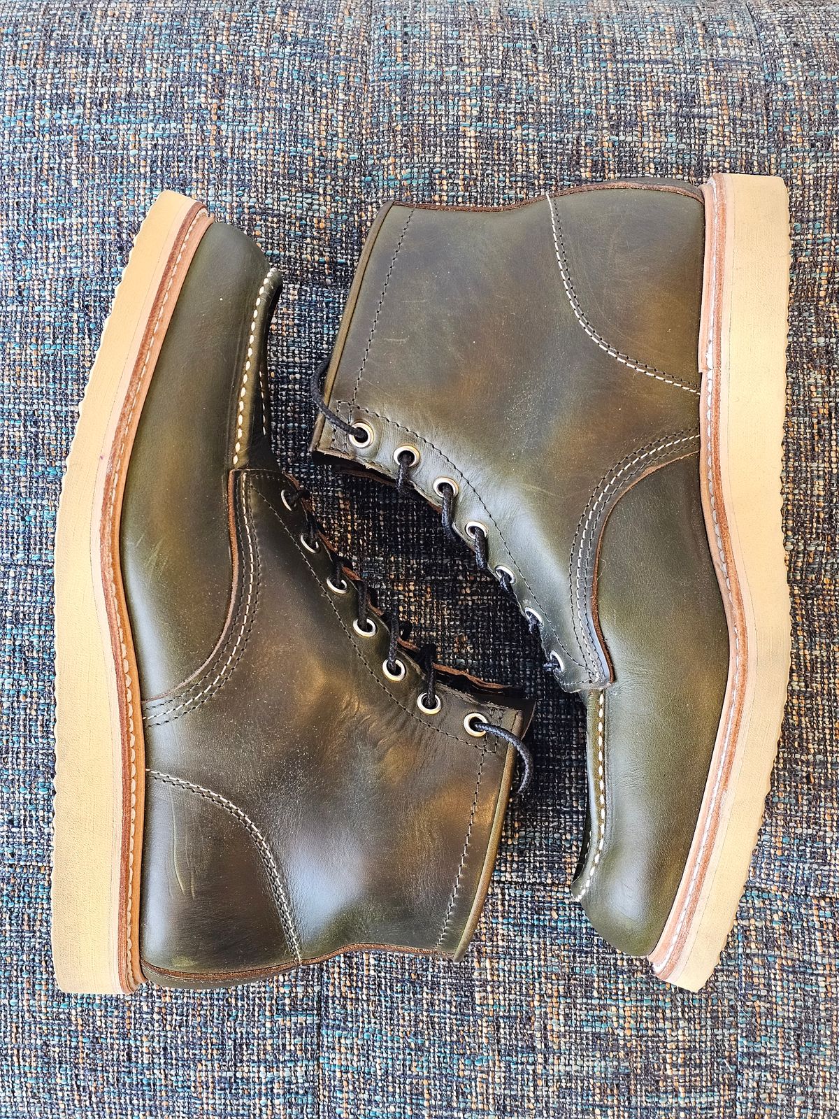 Photo by cgbaird2 on November 1, 2023 of the Jamvaida Japanese Moc Toe in Horween Olive Chromexcel.