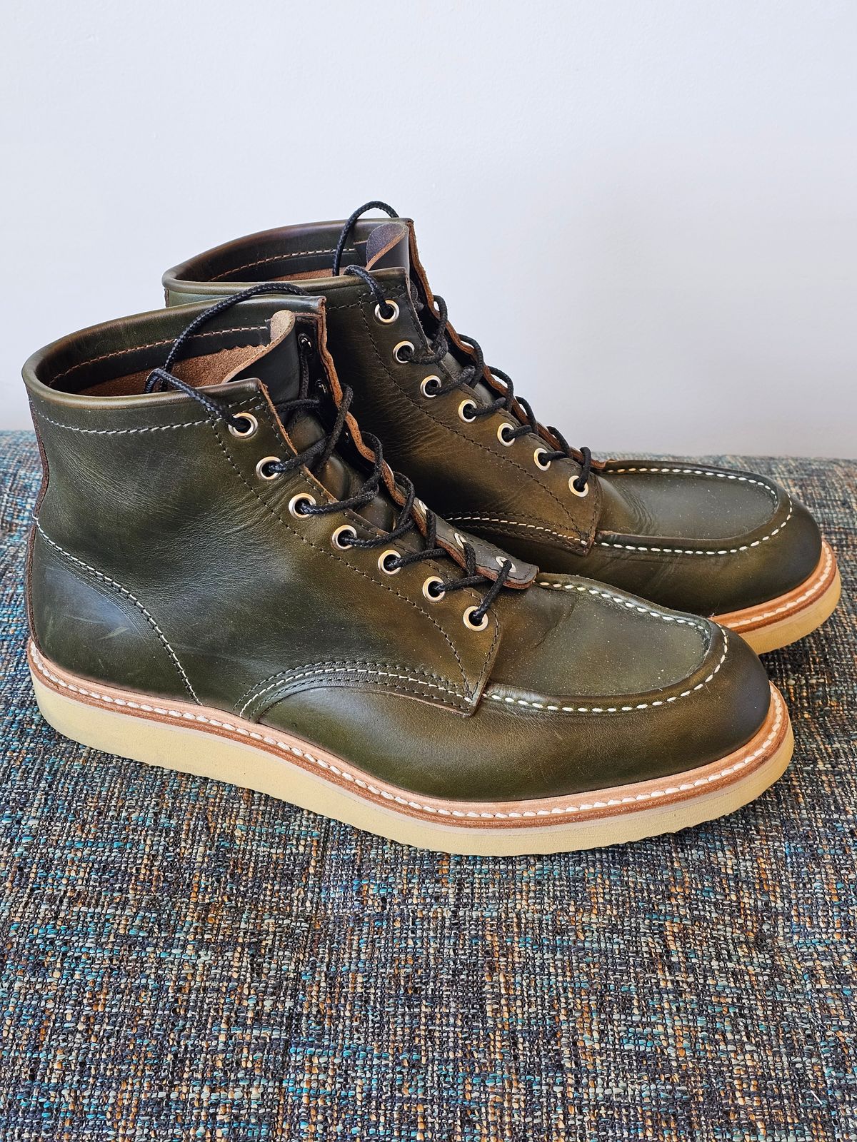 Photo by cgbaird2 on November 1, 2023 of the Jamvaida Japanese Moc Toe in Horween Olive Chromexcel.