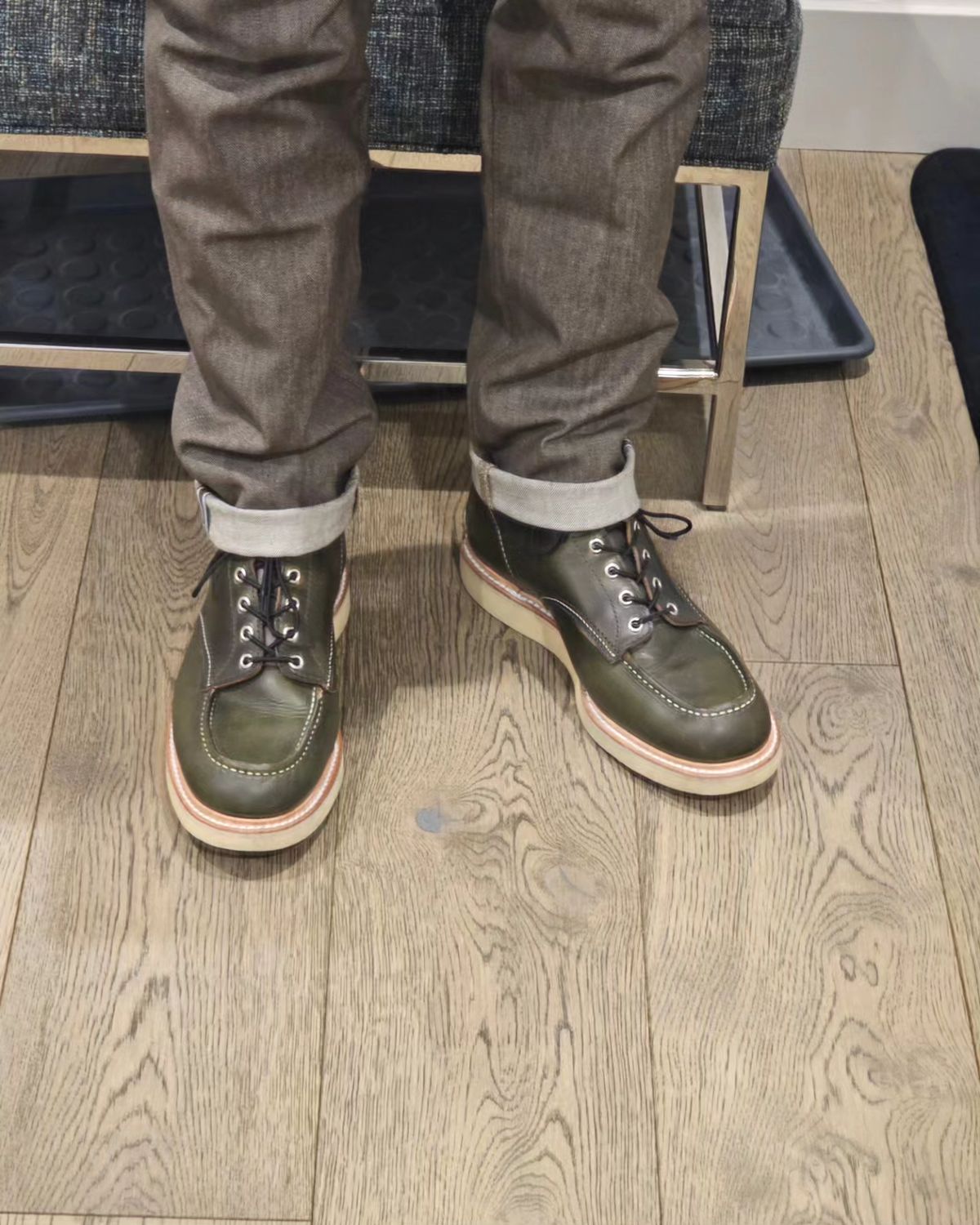 Photo by cgbaird2 on November 30, 2023 of the Jamvaida Japanese Moc Toe in Horween Olive Chromexcel.