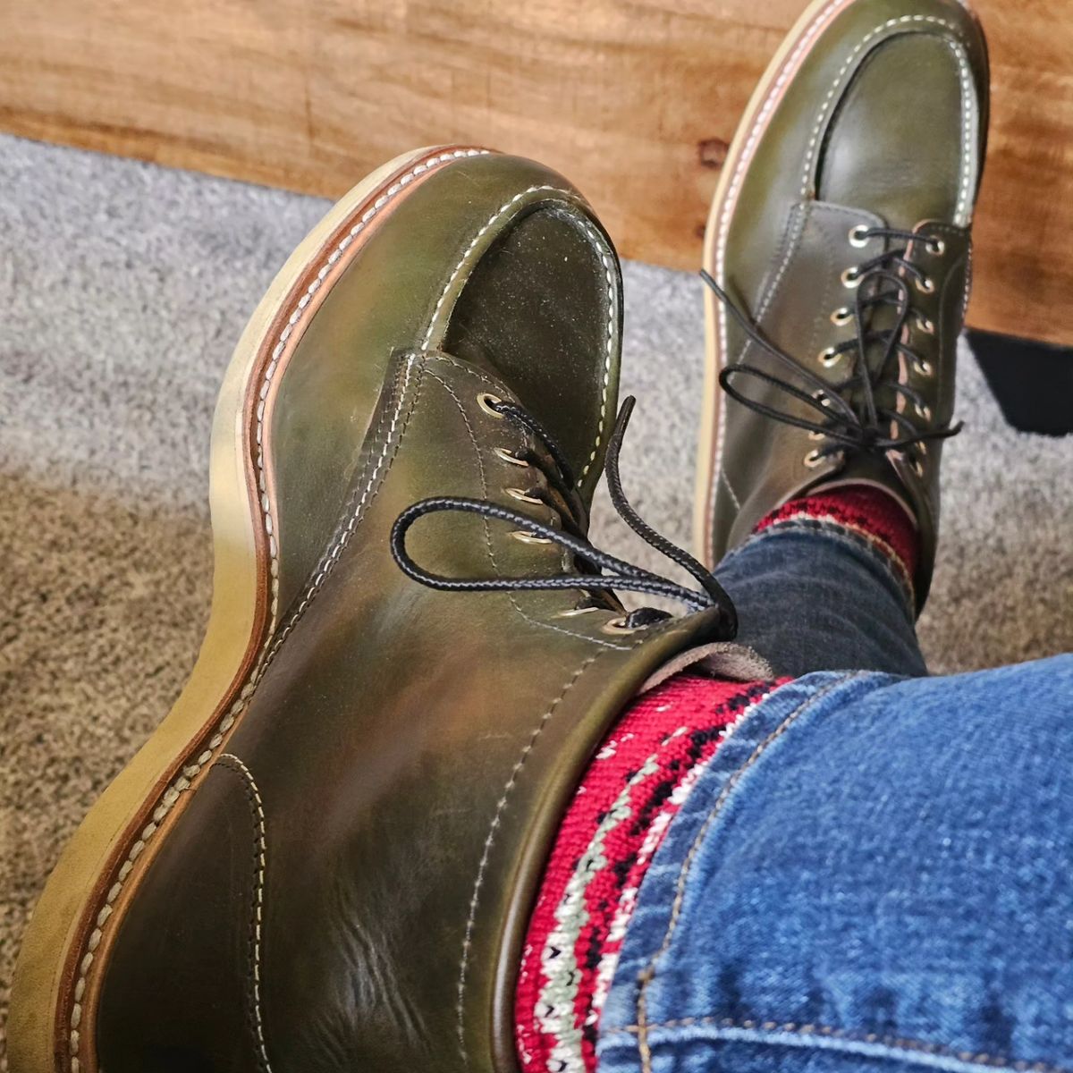 Photo by cgbaird2 on December 4, 2023 of the Jamvaida Japanese Moc Toe in Horween Olive Chromexcel.