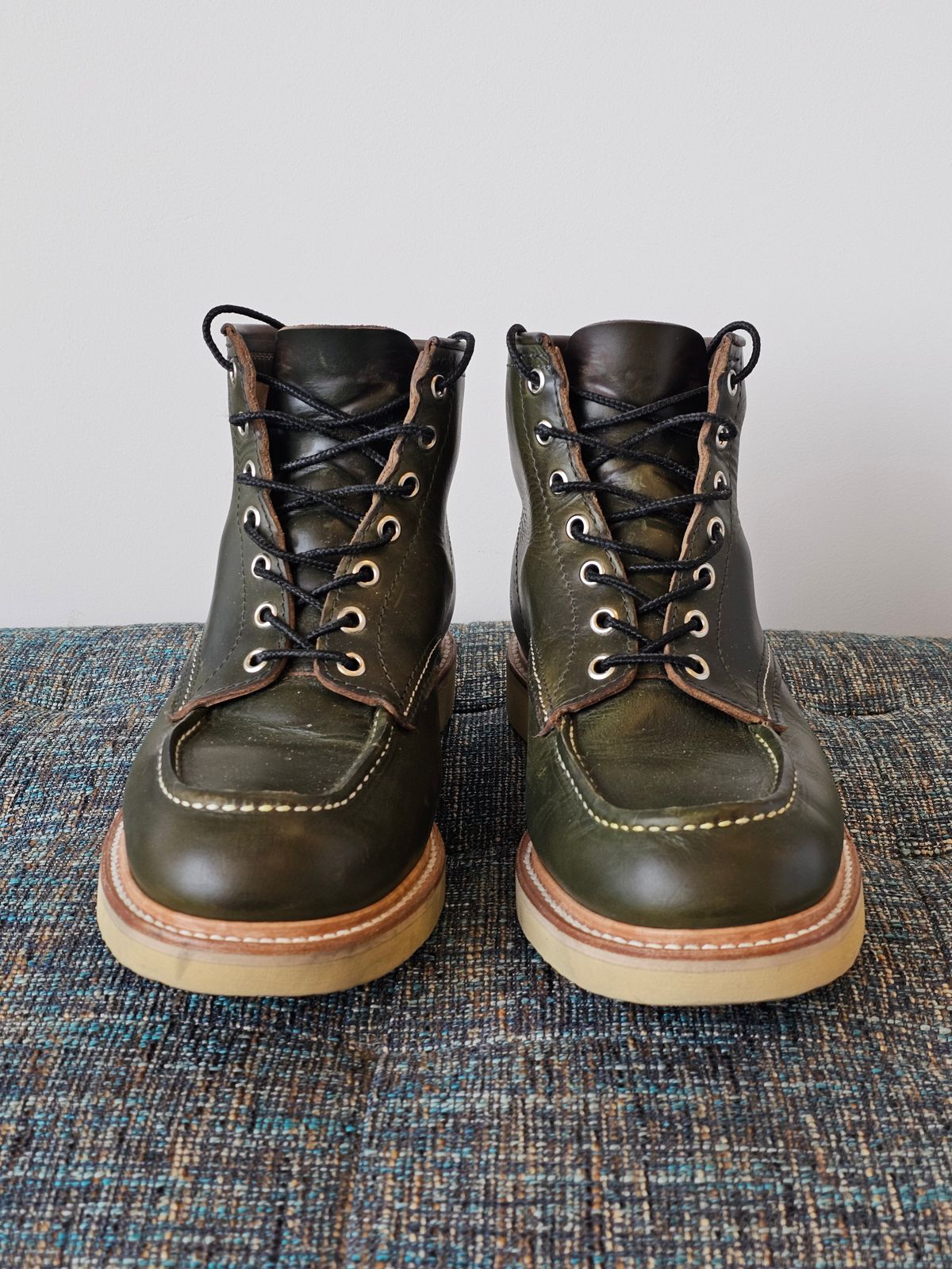 Photo by cgbaird2 on December 4, 2023 of the Jamvaida Japanese Moc Toe in Horween Olive Chromexcel.