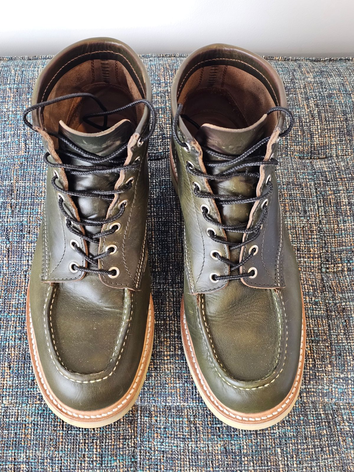 Photo by cgbaird2 on December 4, 2023 of the Jamvaida Japanese Moc Toe in Horween Olive Chromexcel.