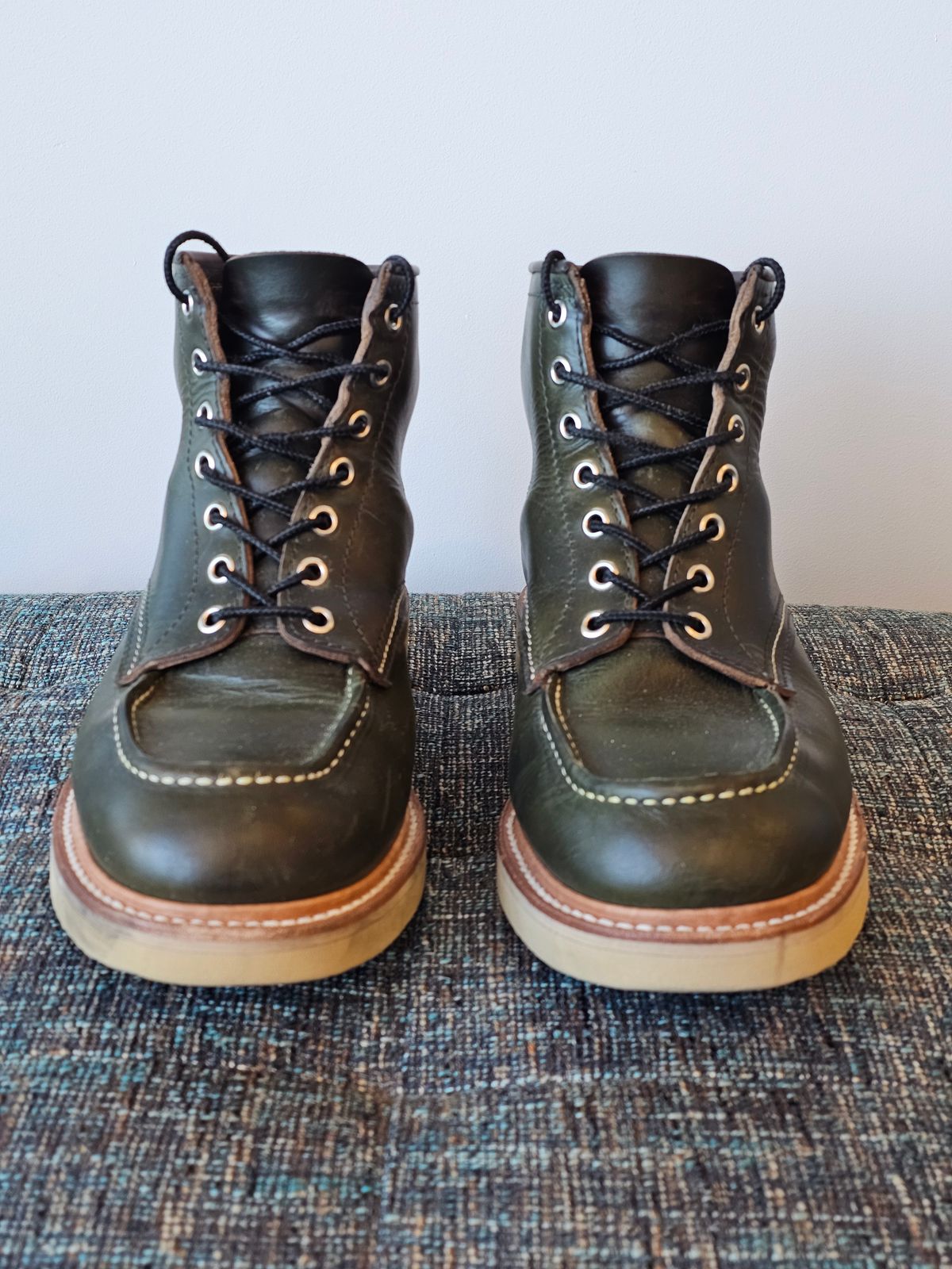 Photo by cgbaird2 on January 1, 2024 of the Jamvaida Japanese Moc Toe in Horween Olive Chromexcel.