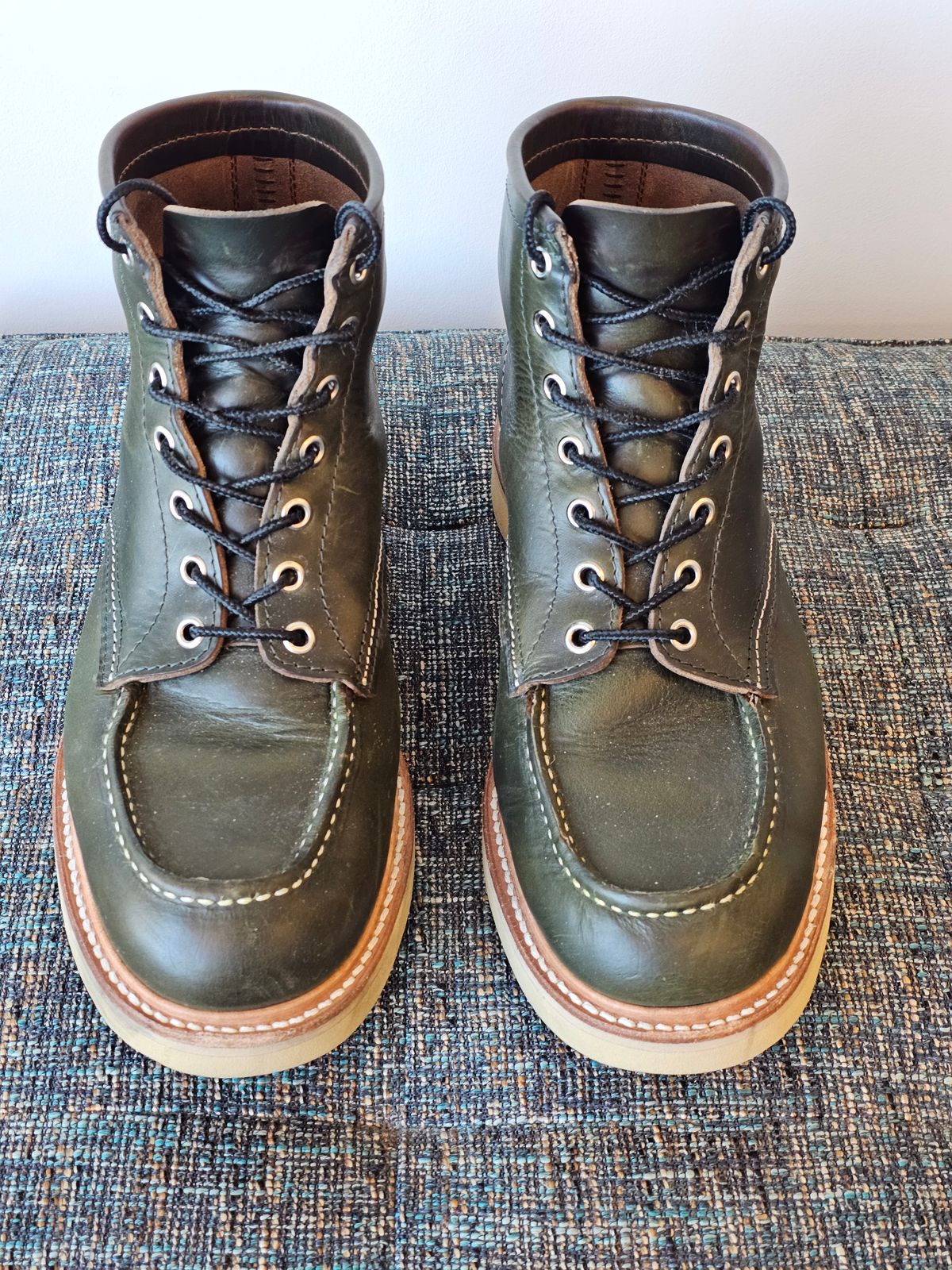 Photo by cgbaird2 on January 1, 2024 of the Jamvaida Japanese Moc Toe in Horween Olive Chromexcel.