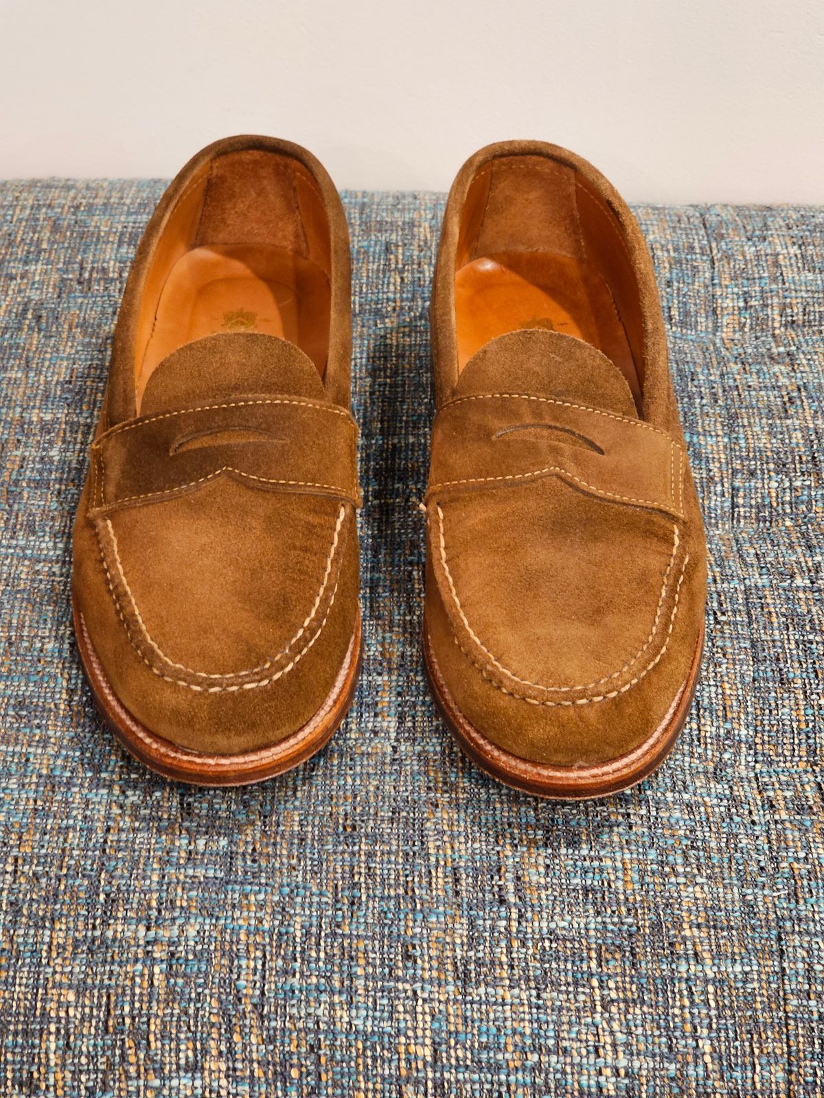 Photo by cgbaird2 on June 1, 2023 of the Alden Leisure Handsewn Penny Loafer in C.F. Stead Snuff Repello Calf Suede.