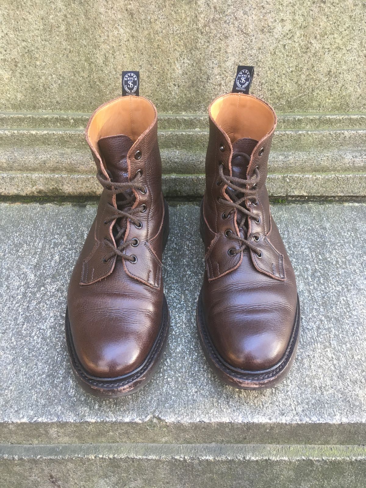 Photo by doublekicks on January 1, 2023 of the Tricker's Burford Plain Derby Boot in Dark Brown Olivia Scotch Grain.