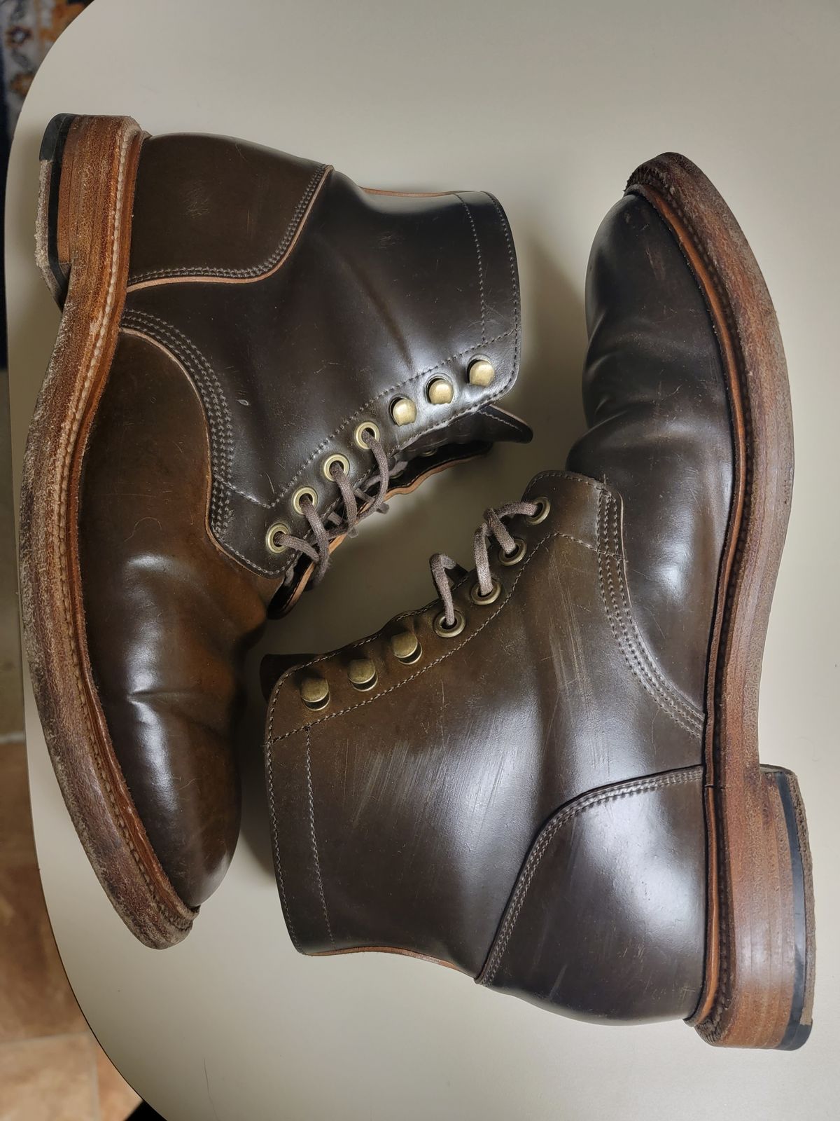 Photo by luisRuiz1125 on March 6, 2023 of the Grant Stone Diesel Boot in Horween Maduro Shell Cordovan.