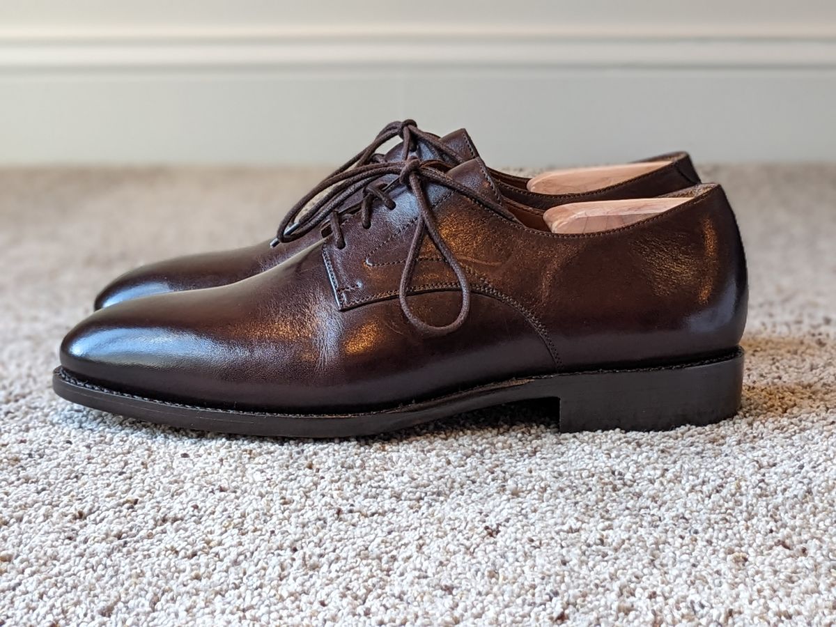 Photo by atgrey on October 5, 2023 of the Blkbrd Shoemaker Xavier Plain Vamp Derby in Unknown Leather.