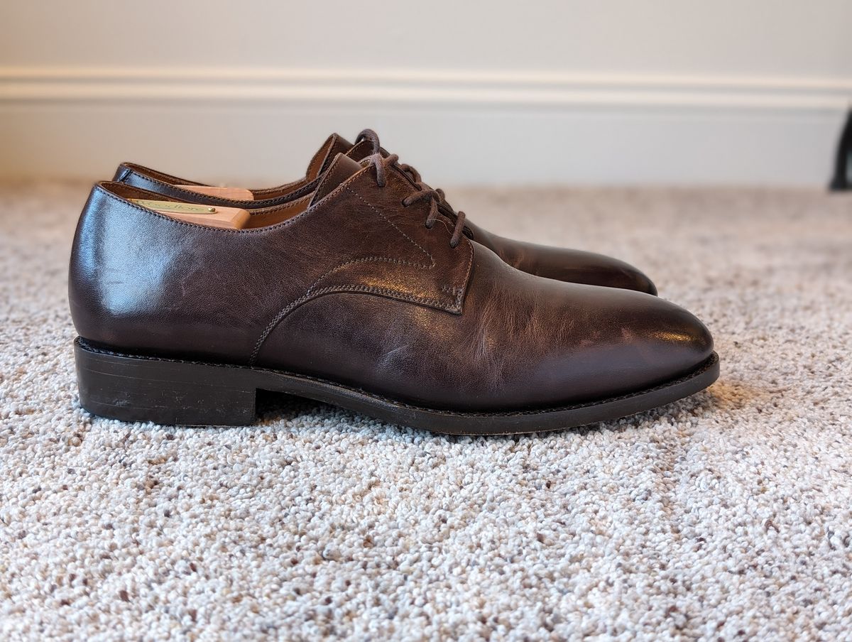 Photo by atgrey on February 3, 2024 of the Blkbrd Shoemaker Xavier Plain Vamp Derby in Unknown Leather.