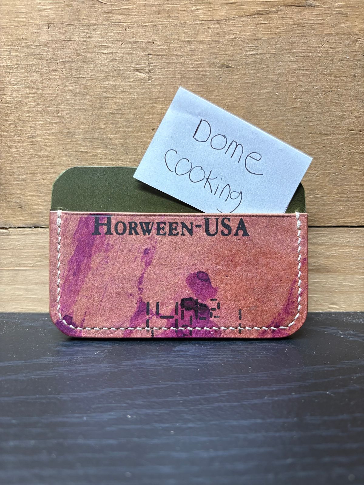Photo by drew_15 on November 1, 2025 of the Pacific Handmade 3 Pocket Cardholder in Horween Amaretto Shell Cordovan & Horween Reverse Ultraviolet Shell Cordovan & Conceria Walpier Olive Buttero.