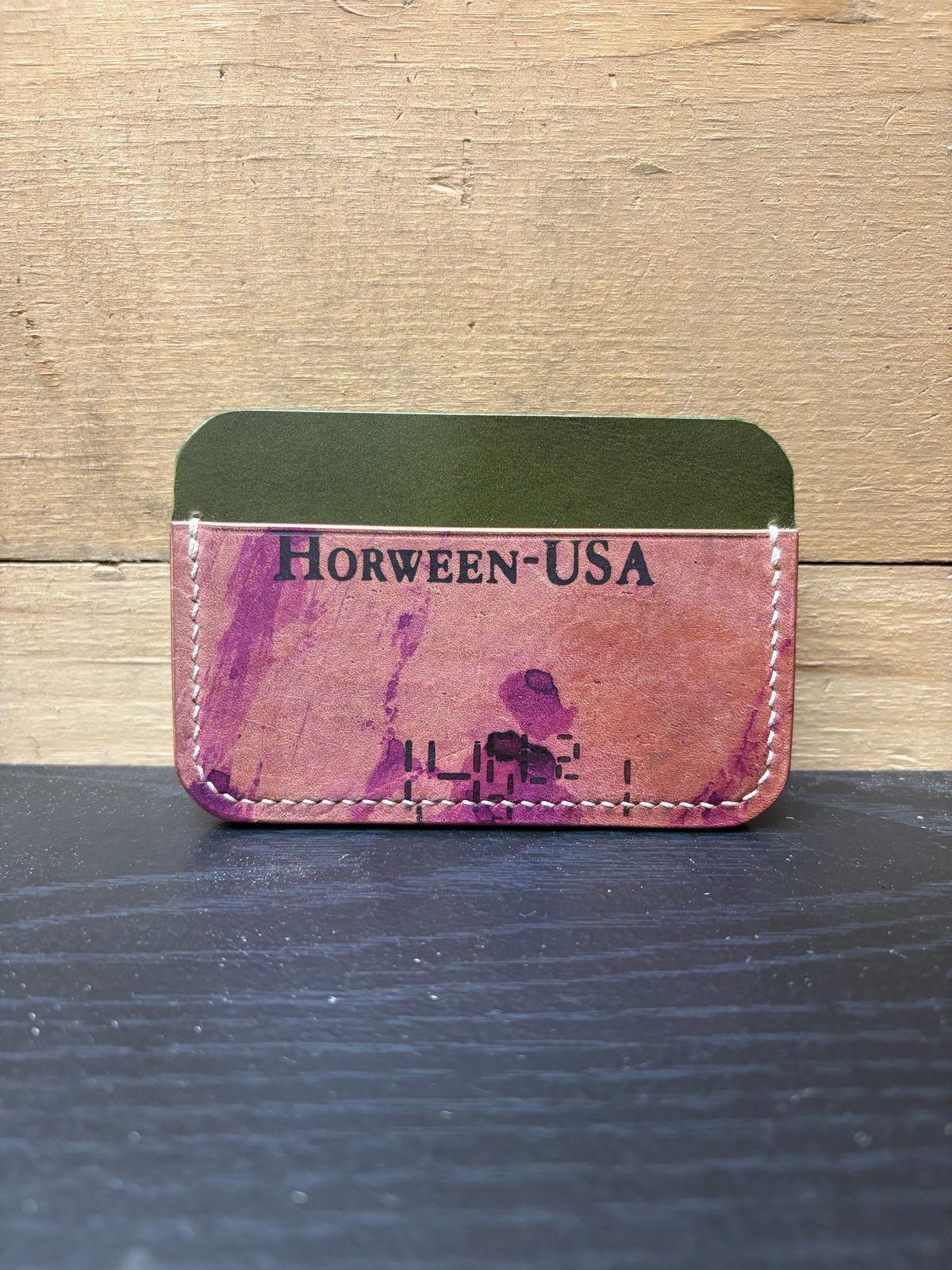 Photo by drew_15 on November 1, 2025 of the Pacific Handmade 3 Pocket Cardholder in Horween Amaretto Shell Cordovan & Horween Reverse Ultraviolet Shell Cordovan & Conceria Walpier Olive Buttero.