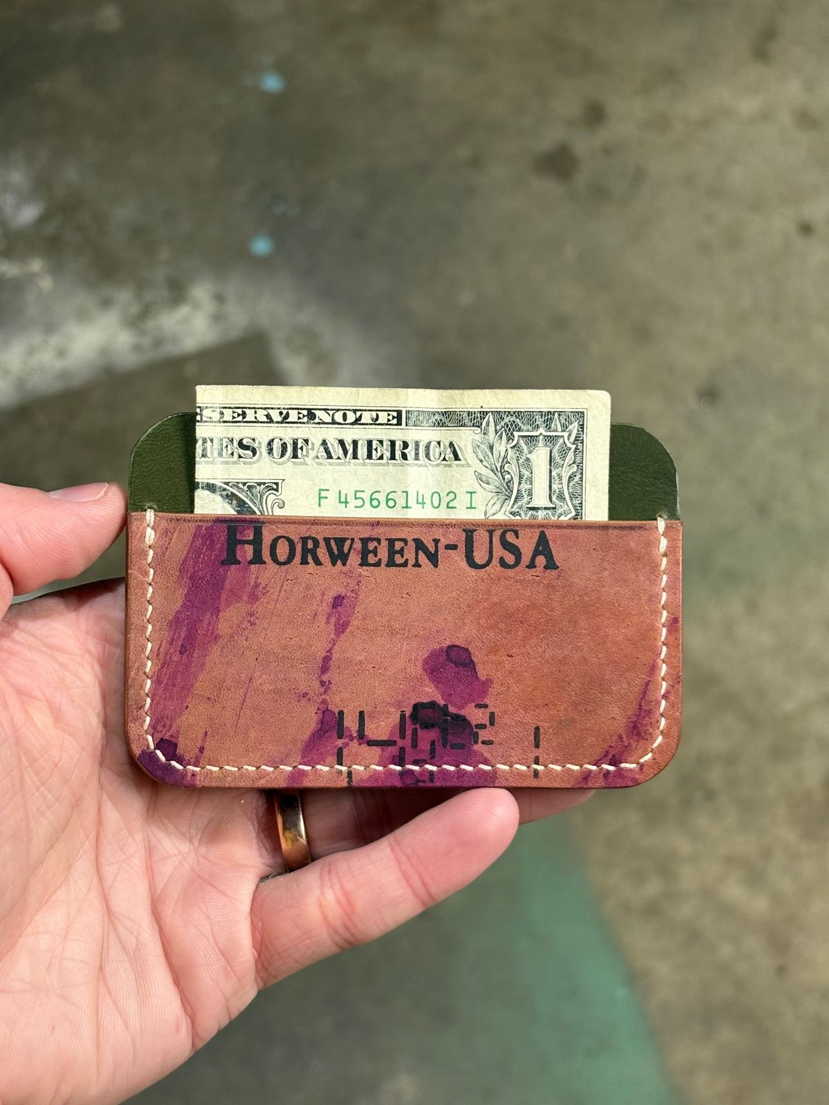 Photo by drew_15 on November 1, 2025 of the Pacific Handmade 3 Pocket Cardholder in Horween Amaretto Shell Cordovan & Horween Reverse Ultraviolet Shell Cordovan.