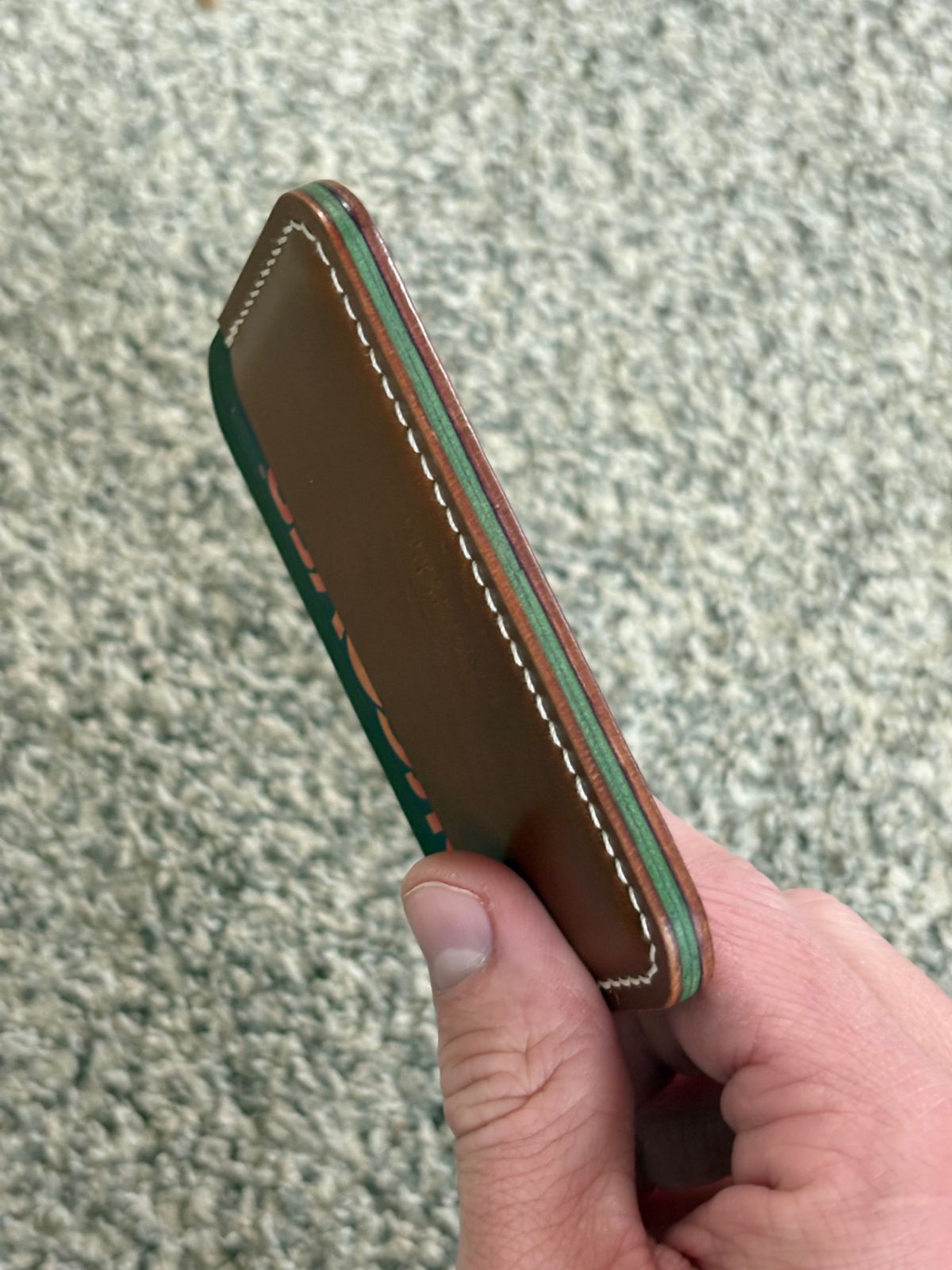 Photo by drew_15 on November 2, 2025 of the Pacific Handmade 3 Pocket Cardholder in Horween Amaretto Shell Cordovan & Horween Reverse Ultraviolet Shell Cordovan & Conceria Walpier Olive Buttero.
