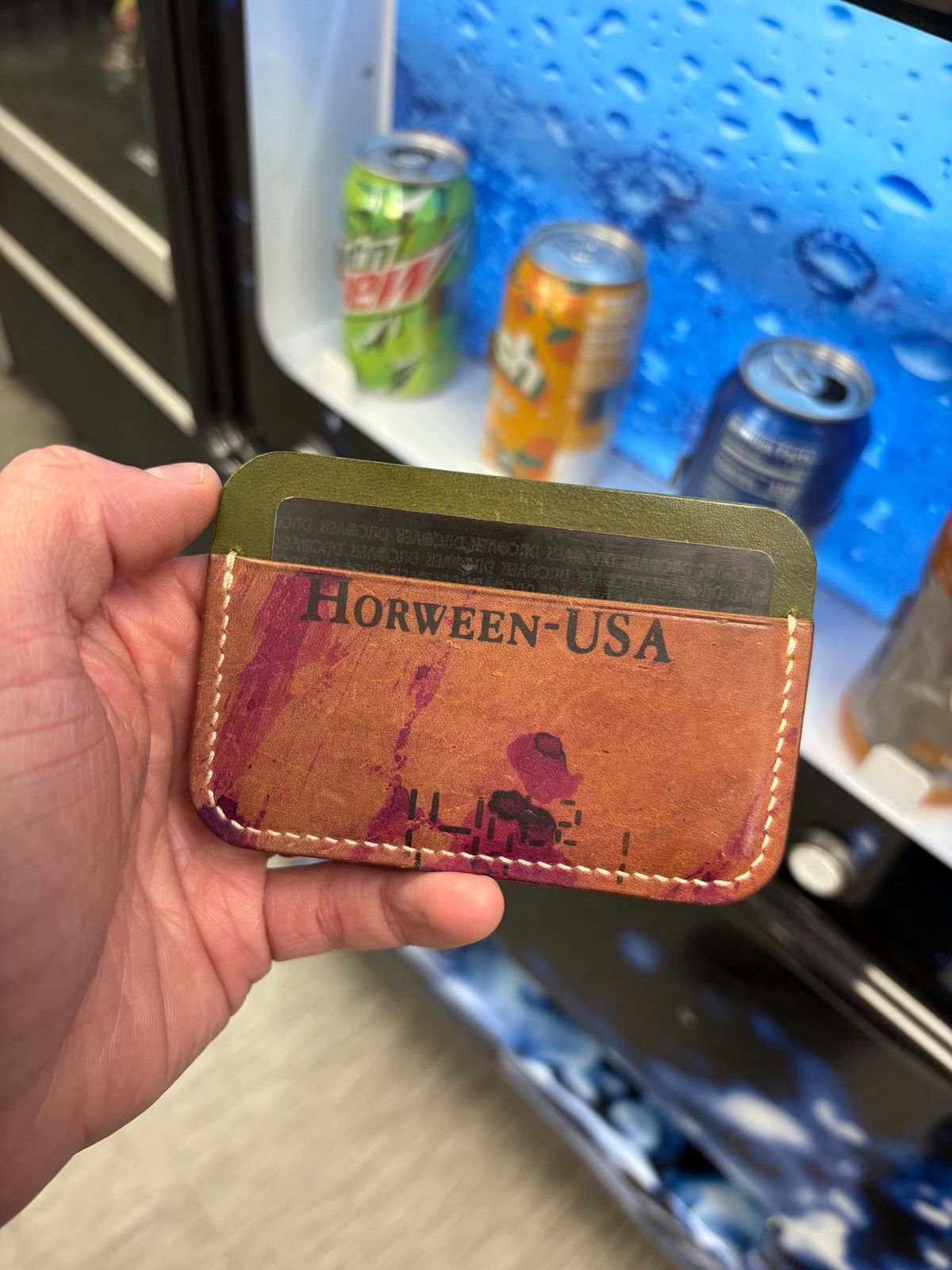 Photo by drew_15 on November 10, 2025 of the Pacific Handmade 3 Pocket Cardholder in Horween Amaretto Shell Cordovan & Horween Reverse Ultraviolet Shell Cordovan & Conceria Walpier Olive Buttero.