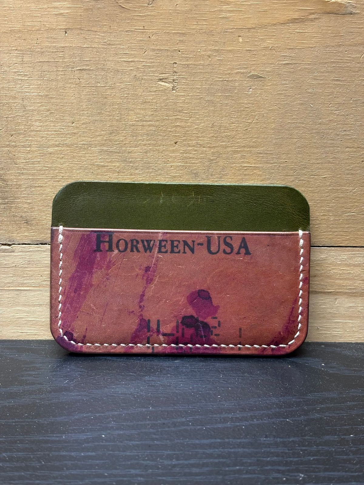 Photo by drew_15 on December 5, 2025 of the Pacific Handmade 3 Pocket Cardholder in Horween Amaretto Shell Cordovan & Horween Reverse Ultraviolet Shell Cordovan & Conceria Walpier Olive Buttero.