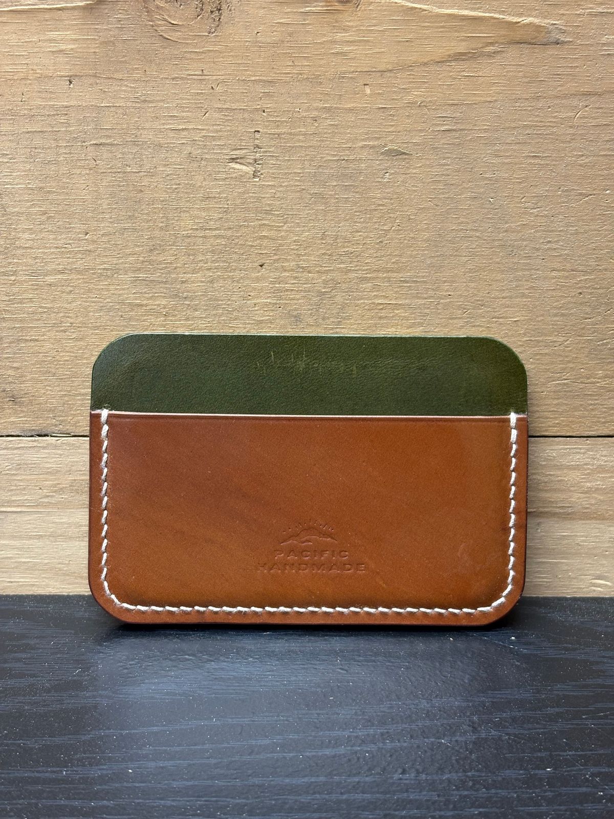 Photo by drew_15 on December 5, 2025 of the Pacific Handmade 3 Pocket Cardholder in Horween Amaretto Shell Cordovan & Horween Reverse Ultraviolet Shell Cordovan & Conceria Walpier Olive Buttero.