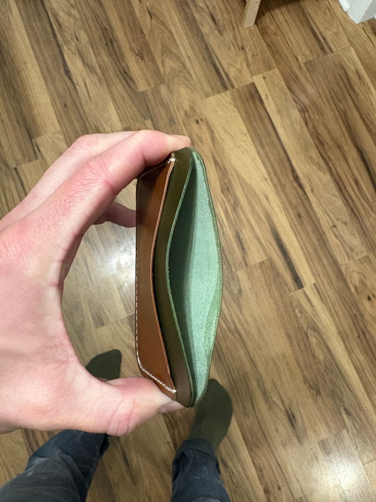 Photo by drew_15 on December 5, 2025 of the Pacific Handmade 3 Pocket Cardholder in Horween Amaretto Shell Cordovan & Horween Reverse Ultraviolet Shell Cordovan & Conceria Walpier Olive Buttero.