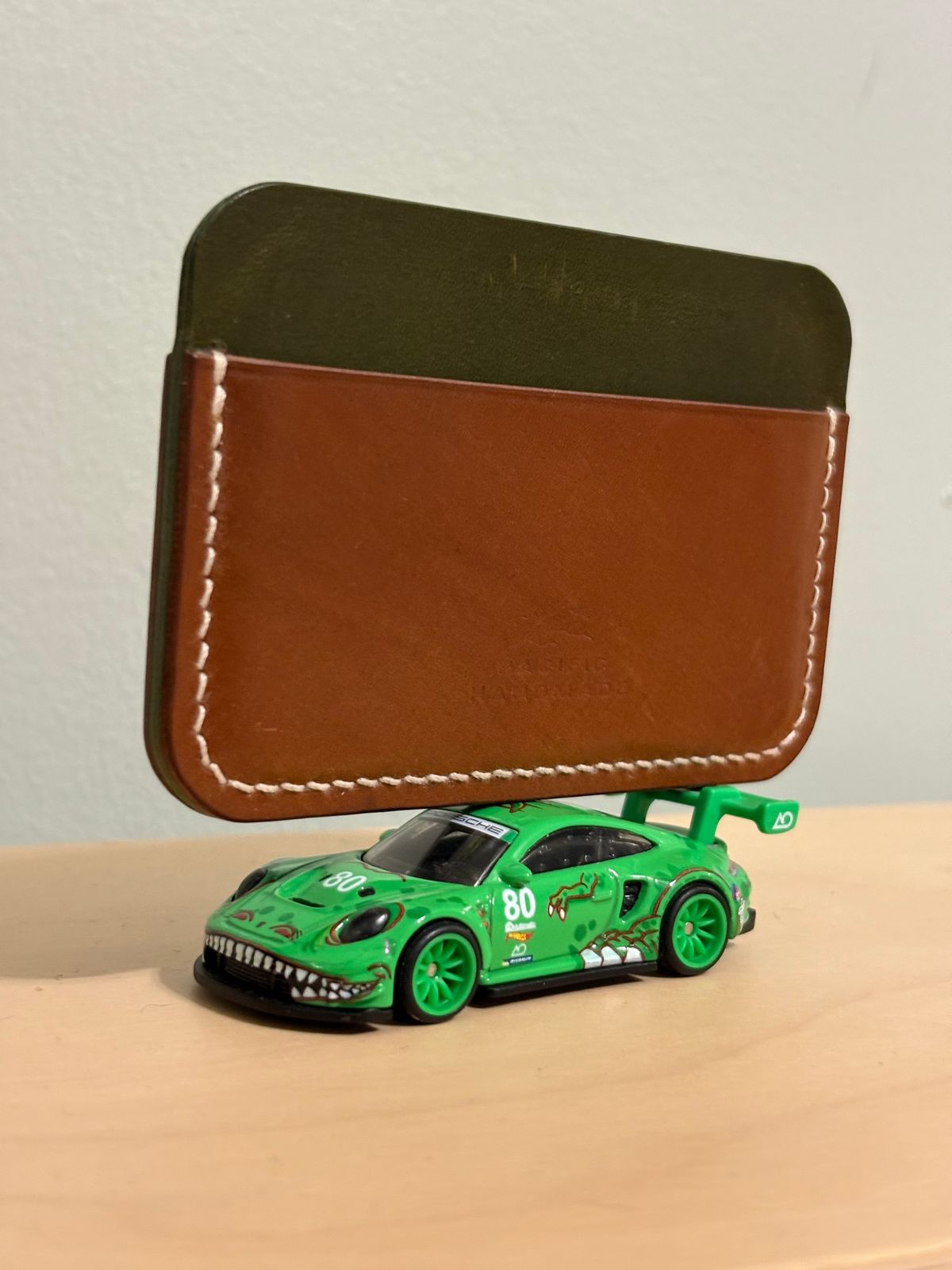 Photo by drew_15 on December 5, 2025 of the Pacific Handmade 3 Pocket Cardholder in Horween Amaretto Shell Cordovan & Horween Reverse Ultraviolet Shell Cordovan & Conceria Walpier Olive Buttero.