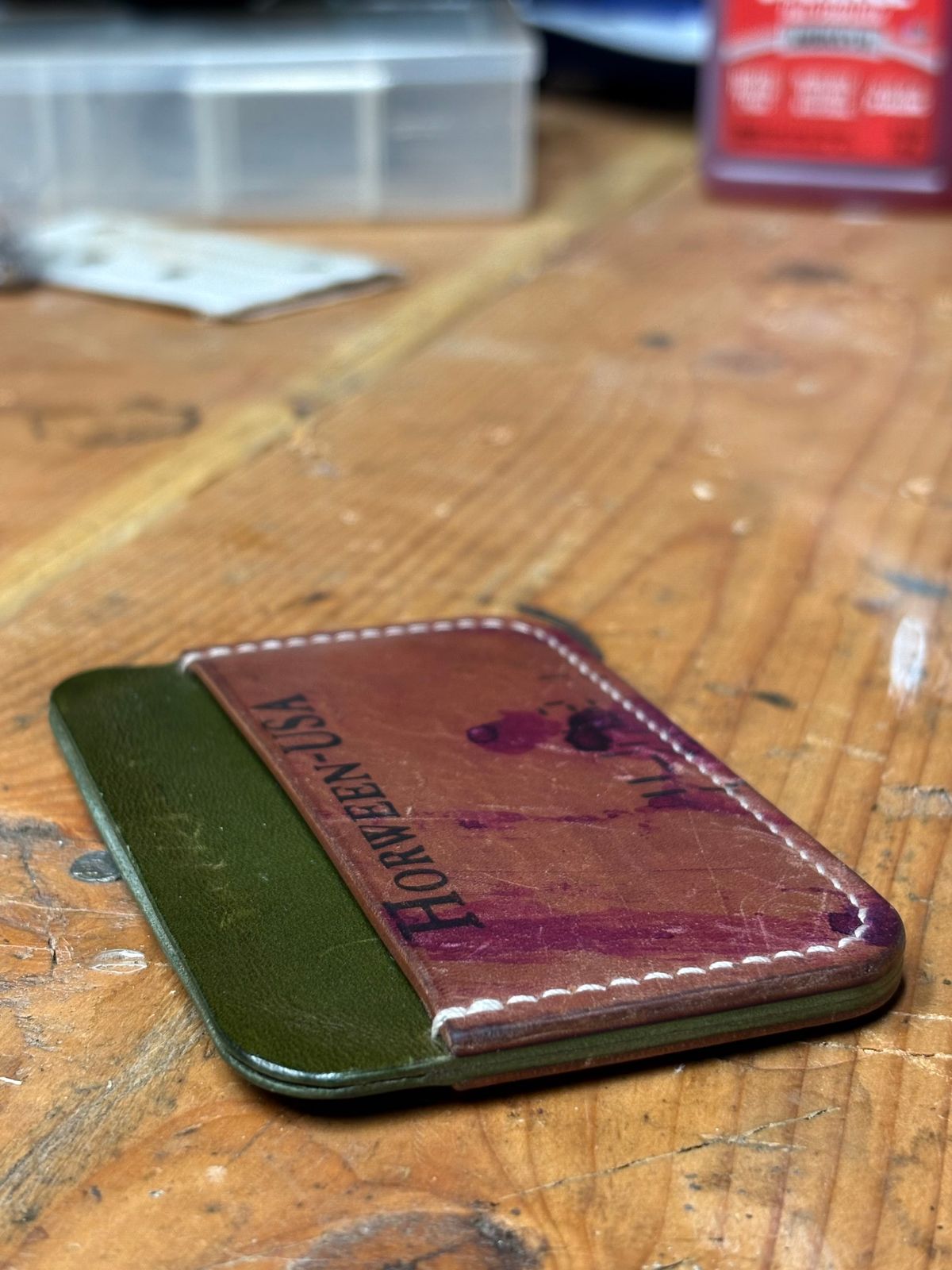 Photo by drew_15 on January 4, 2026 of the Pacific Handmade 3 Pocket Cardholder in Horween Amaretto Shell Cordovan & Horween Reverse Ultraviolet Shell Cordovan & Conceria Walpier Olive Buttero.