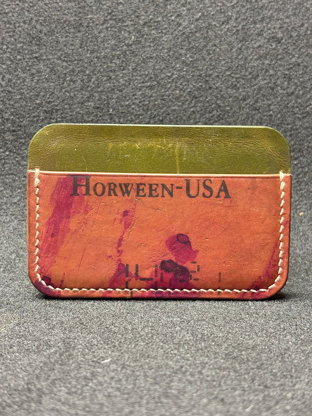 Photo by drew_15 on February 1, 2026 of the Pacific Handmade 3 Pocket Cardholder in Horween Amaretto Shell Cordovan & Horween Reverse Ultraviolet Shell Cordovan & Conceria Walpier Olive Buttero.