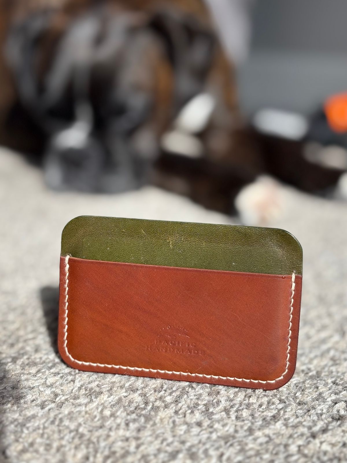 Photo by drew_15 on February 1, 2026 of the Pacific Handmade 3 Pocket Cardholder in Horween Amaretto Shell Cordovan & Horween Reverse Ultraviolet Shell Cordovan & Conceria Walpier Olive Buttero.