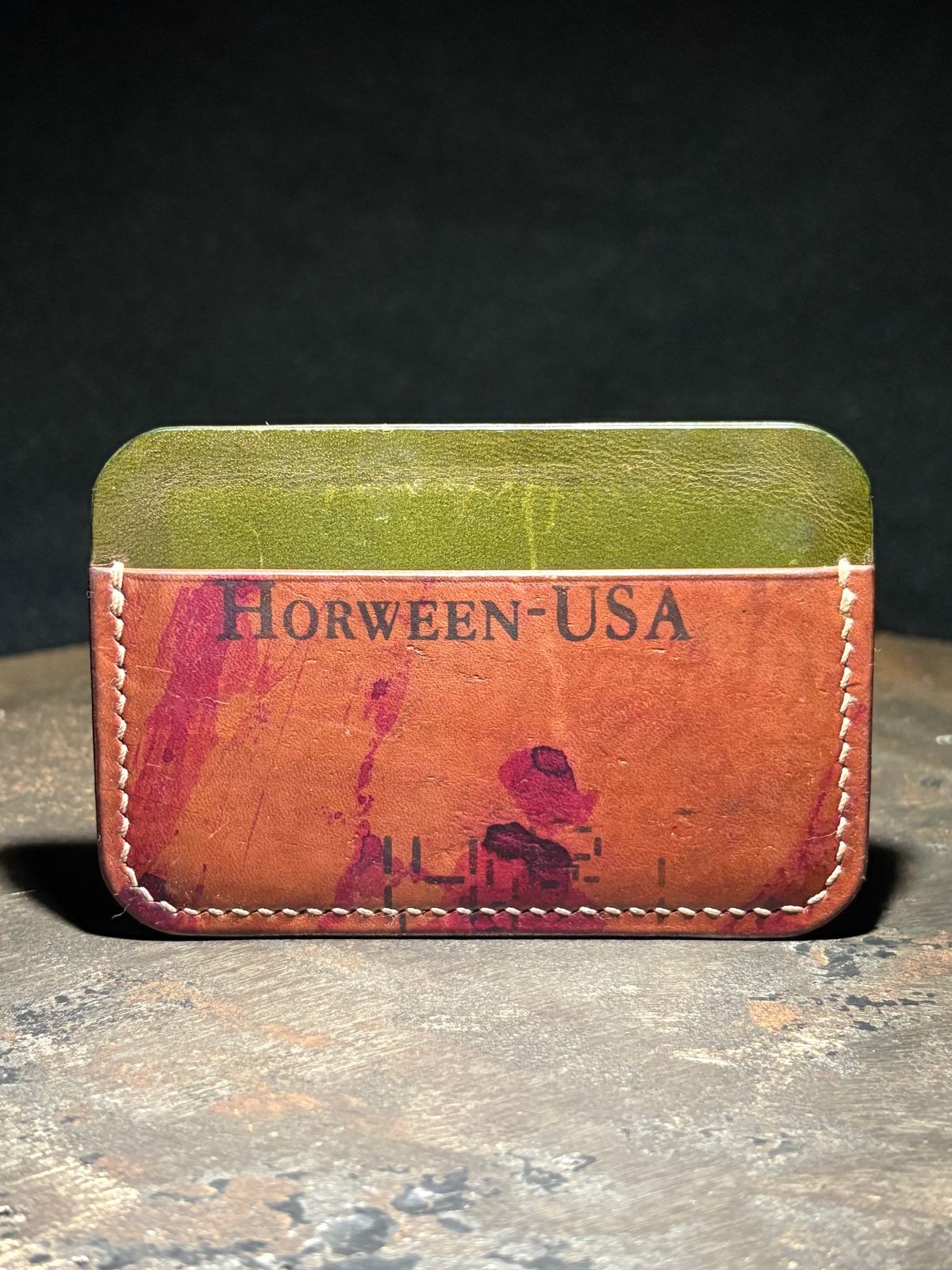 Photo by drew_15 on March 1, 2026 of the Pacific Handmade 3 Pocket Cardholder in Horween Amaretto Shell Cordovan & Horween Reverse Ultraviolet Shell Cordovan & Conceria Walpier Olive Buttero.