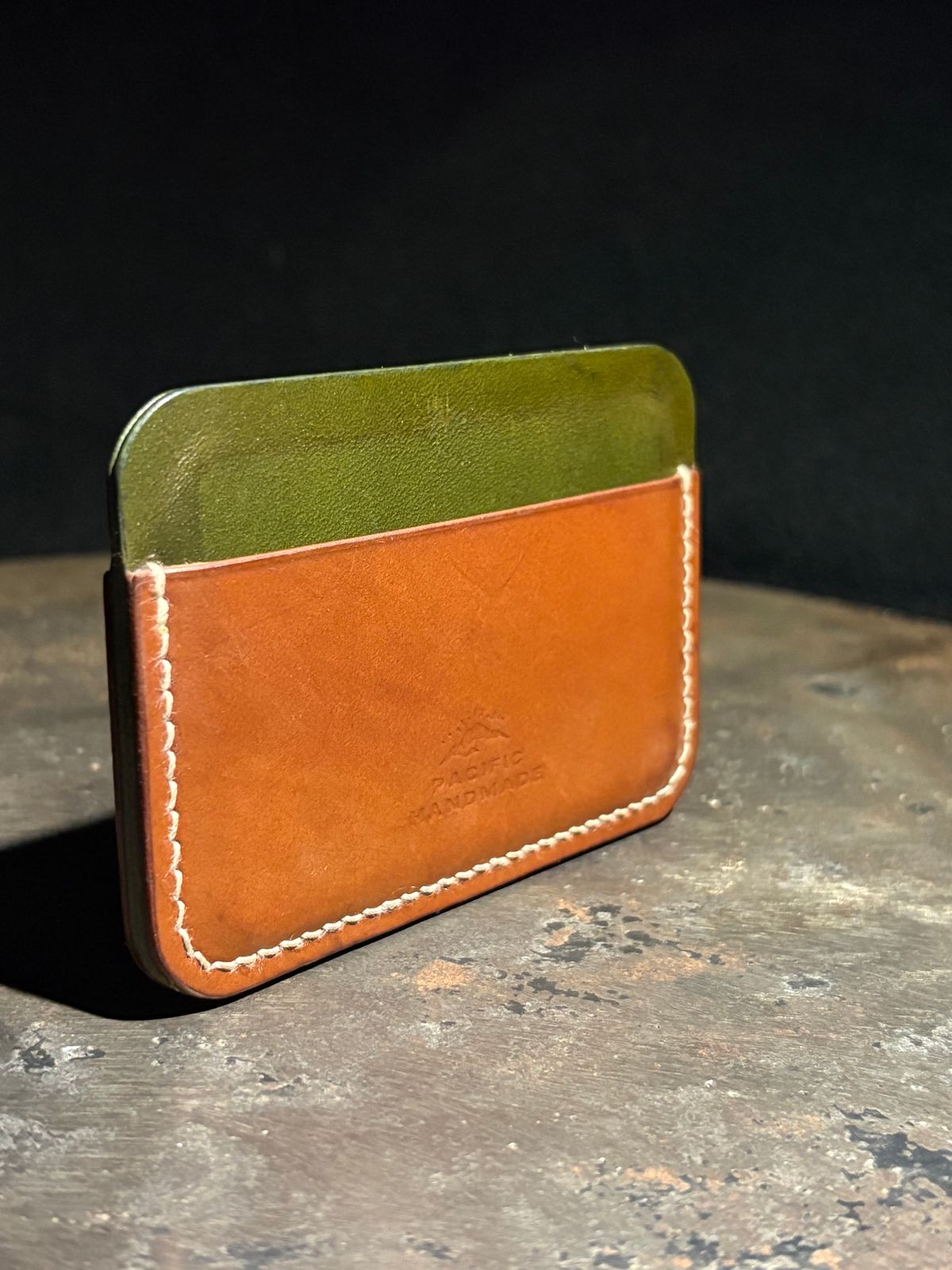 Photo by drew_15 on March 1, 2026 of the Pacific Handmade 3 Pocket Cardholder in Horween Amaretto Shell Cordovan & Horween Reverse Ultraviolet Shell Cordovan & Conceria Walpier Olive Buttero.
