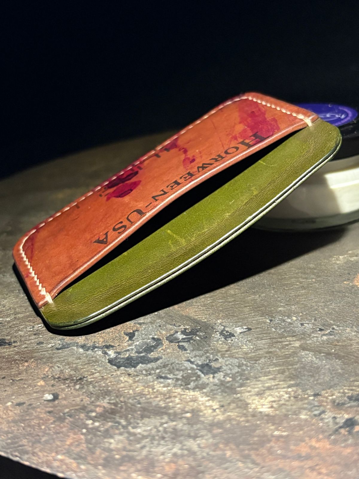 Photo by drew_15 on March 1, 2026 of the Pacific Handmade 3 Pocket Cardholder in Horween Amaretto Shell Cordovan & Horween Reverse Ultraviolet Shell Cordovan & Conceria Walpier Olive Buttero.