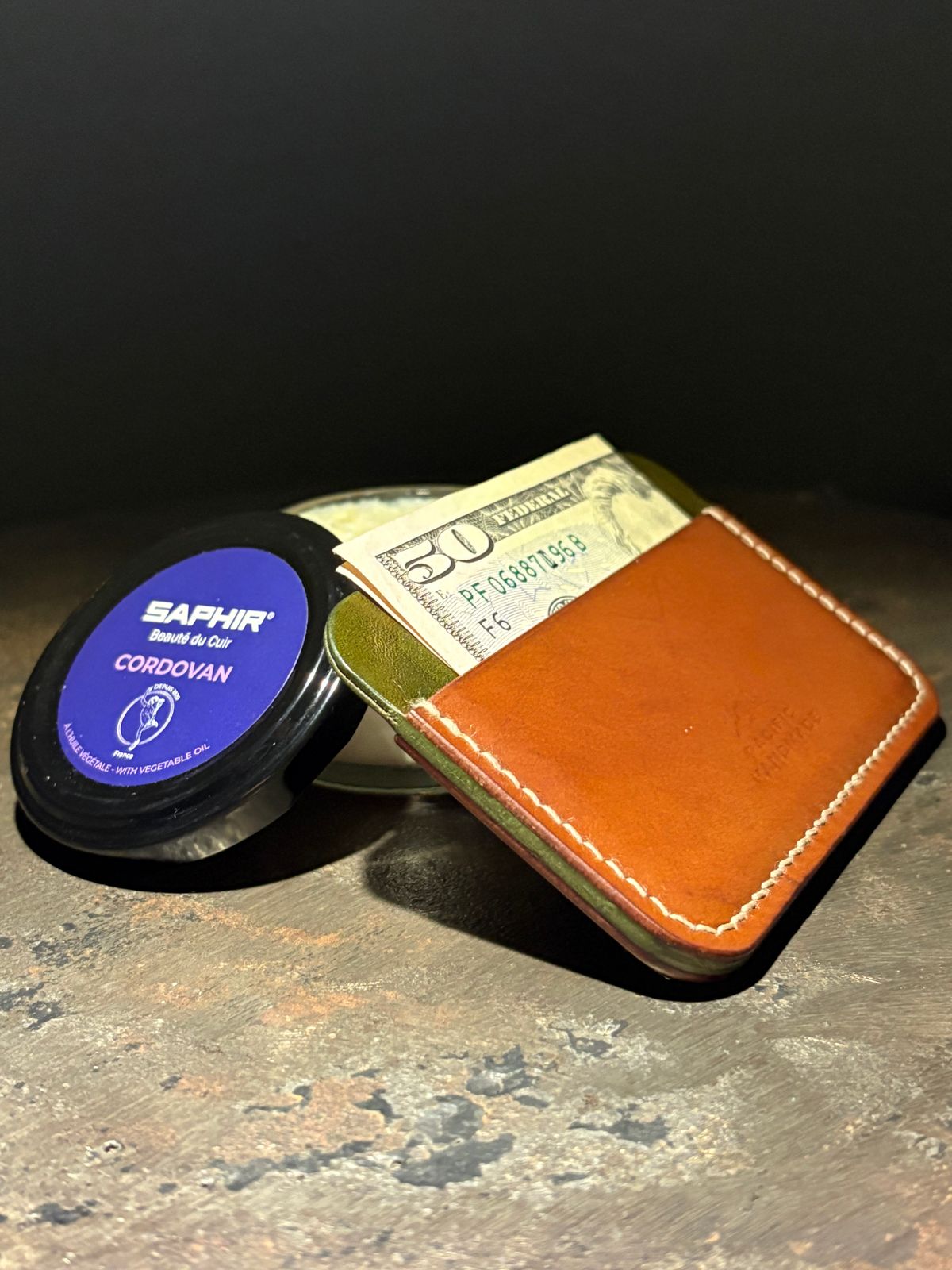 Photo by drew_15 on March 1, 2026 of the Pacific Handmade 3 Pocket Cardholder in Horween Amaretto Shell Cordovan & Horween Reverse Ultraviolet Shell Cordovan & Conceria Walpier Olive Buttero.