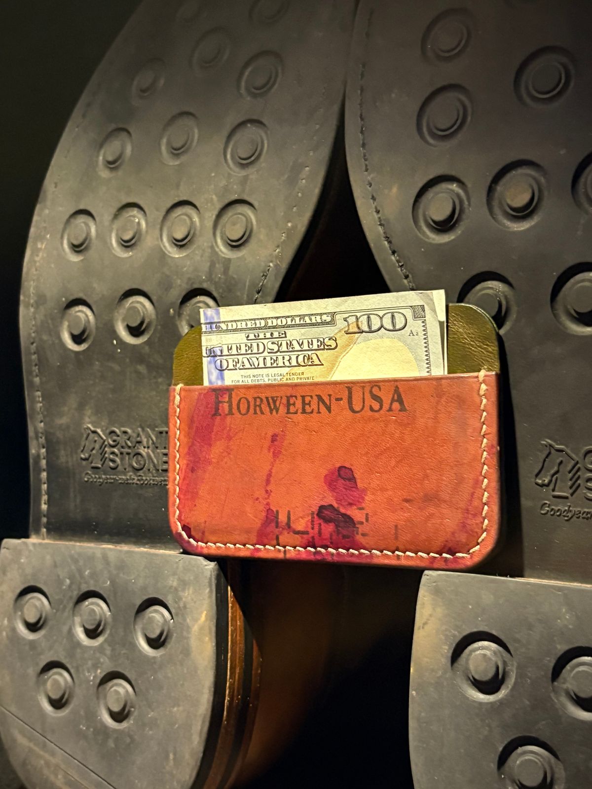 Photo by drew_15 on April 5, 2026 of the Pacific Handmade 3 Pocket Cardholder in Horween Amaretto Shell Cordovan & Horween Reverse Ultraviolet Shell Cordovan & Conceria Walpier Olive Buttero.
