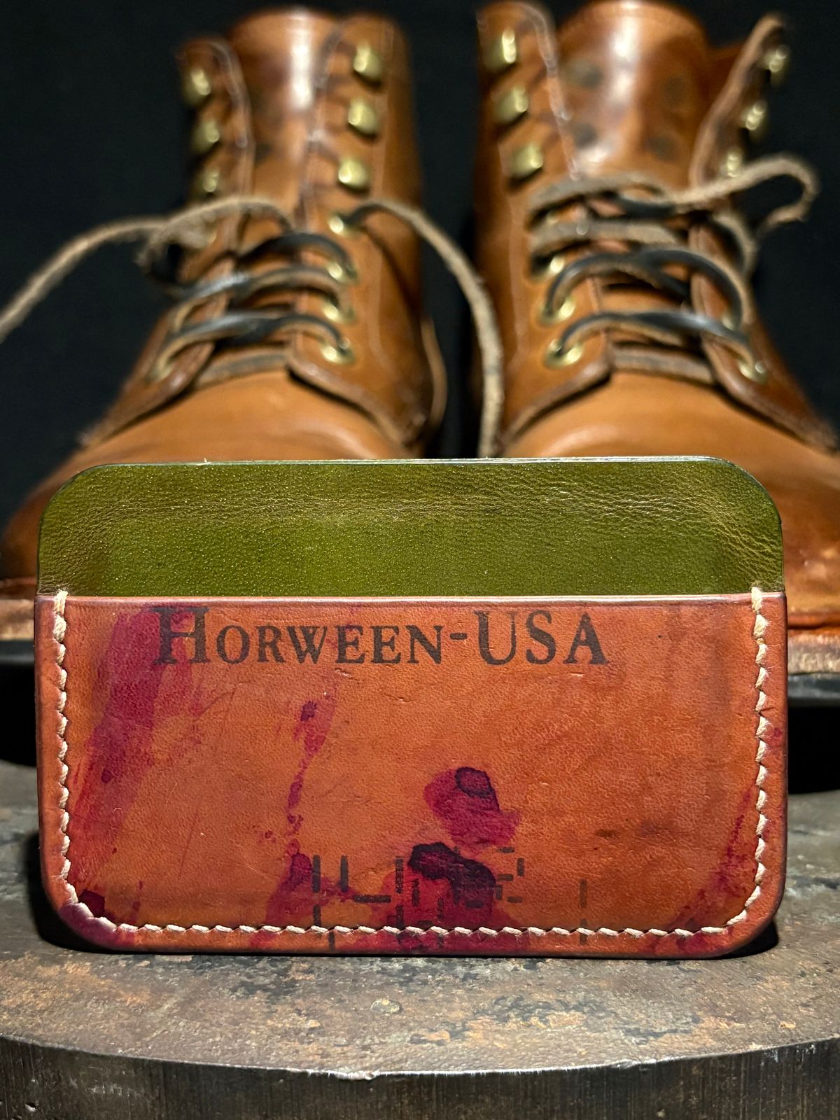 Photo by drew_15 on April 5, 2026 of the Pacific Handmade 3 Pocket Cardholder in Horween Amaretto Shell Cordovan & Horween Reverse Ultraviolet Shell Cordovan & Conceria Walpier Olive Buttero.